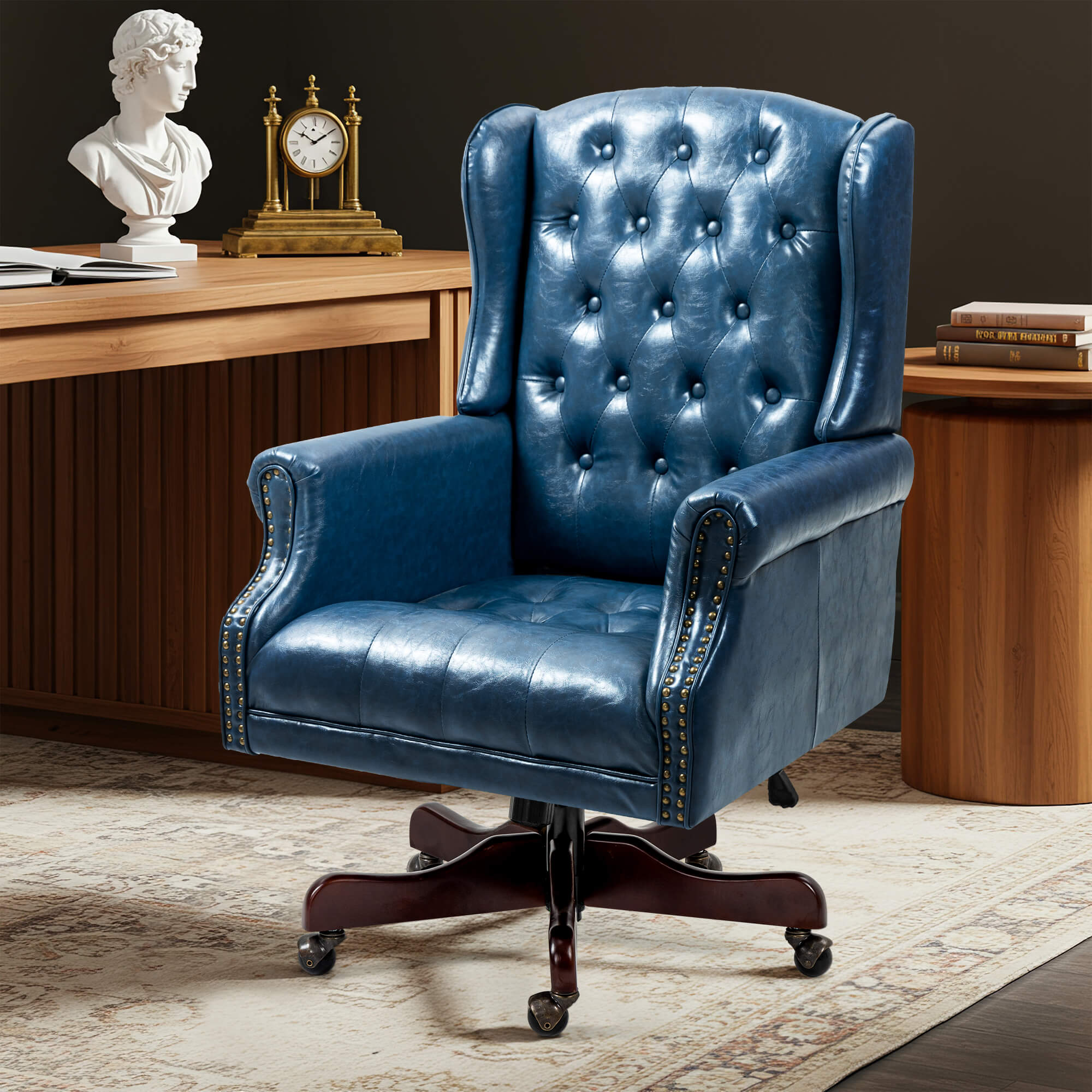 Homrest Executive Wingback Office Chair – Blue PU Leather High Back Desk Chair