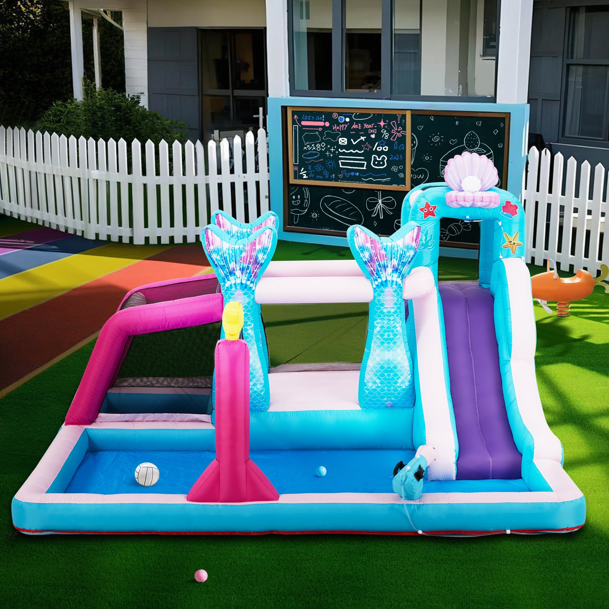 Homrest Inflatable Bounce House, Bounce House with Water Slide for Kids 3-8, Water Slide Bounce House with a Mermaid Shape, Volleyball Match, Trampoline, Water Gun Competition, Storage Bag, 480W Blower for Outdoor Backyard