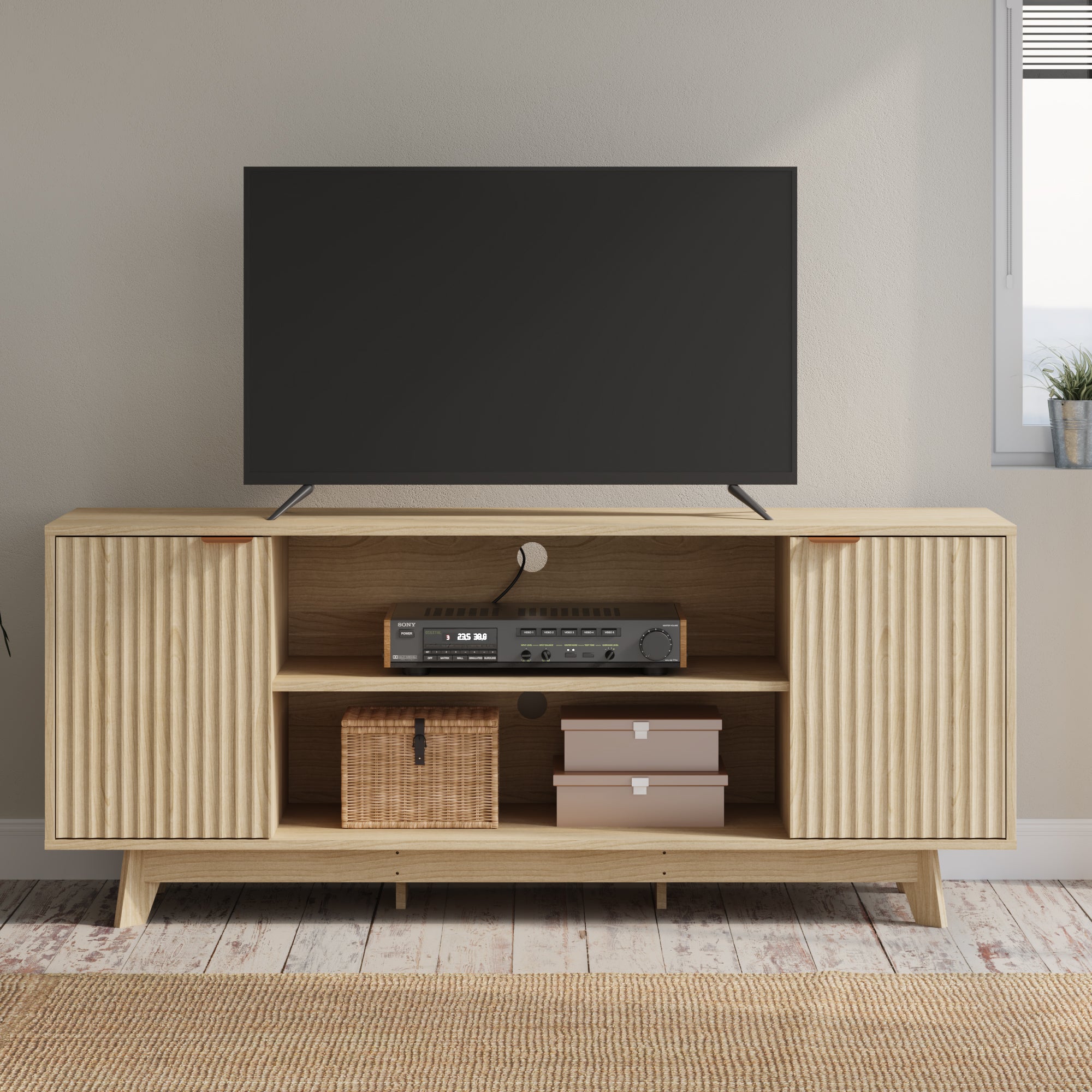 HOMREST Large TV Table with Fluted Door Cabinets and Open Shelves, TV Stand for Living Room, Bedroom, Dining Room