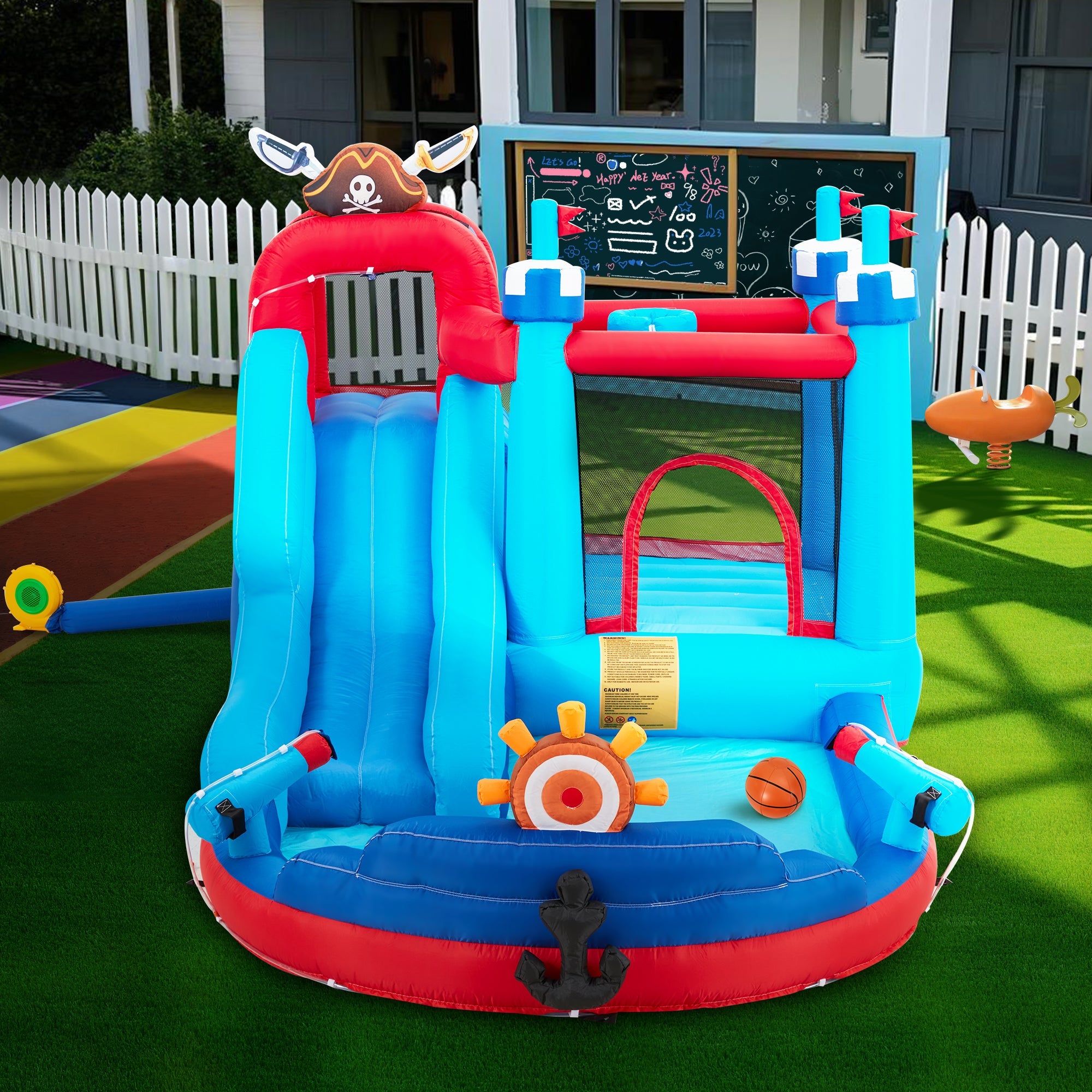 Homrest Inflatable Bounce House, Bounce House with Water Slide for Kids 3-8, Water Slide Bounce House with a Pirate Ship Shape, Rock Climbing Wall, Trampoline, Water Gun Competition, Darts Game, Storage Bag, 480W Blower for Outdoor Backyard