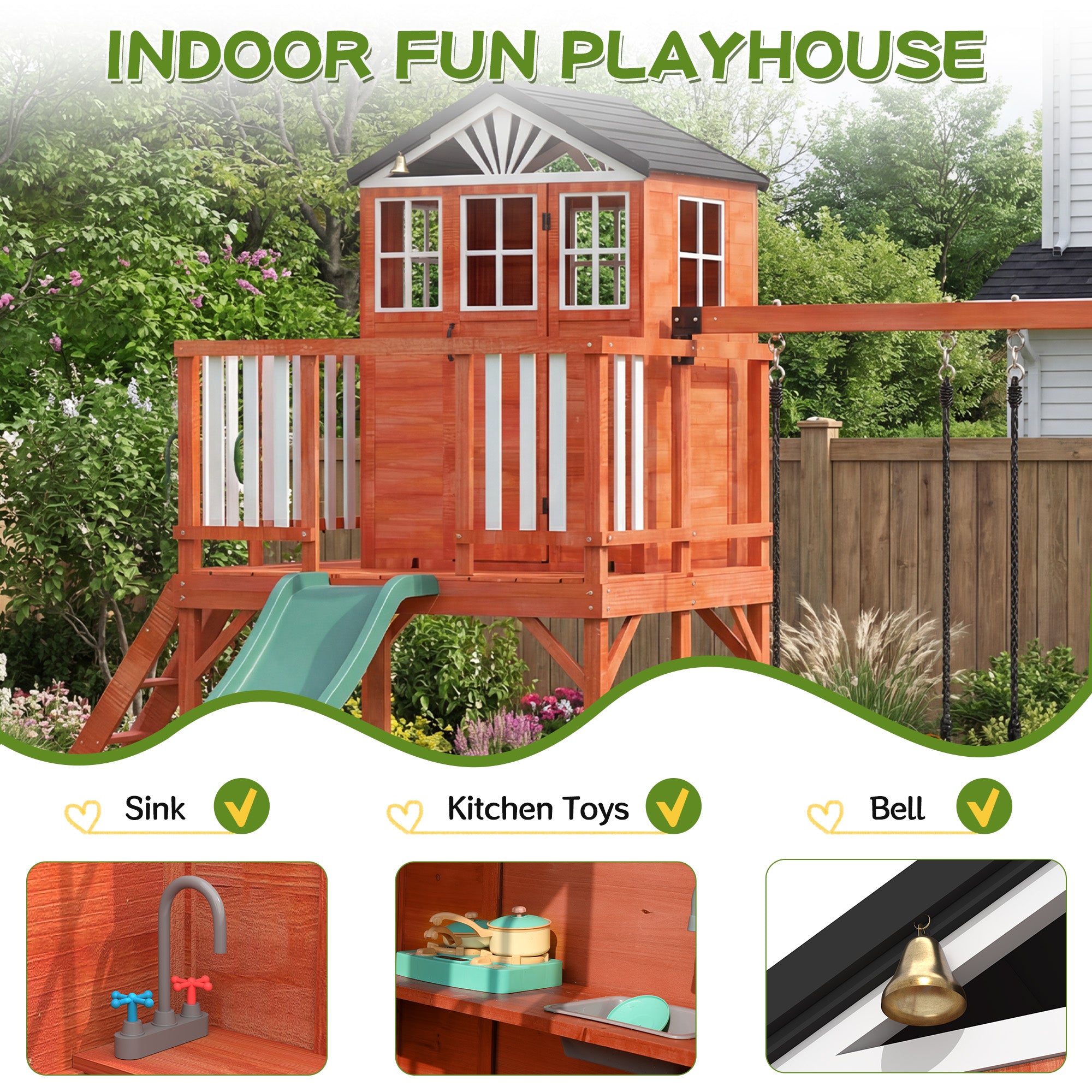 HOMREST Kids Outdoor Wooden Swing Set with Elevated Playhouse, Wave Slide, Belt Swings and Sandbox