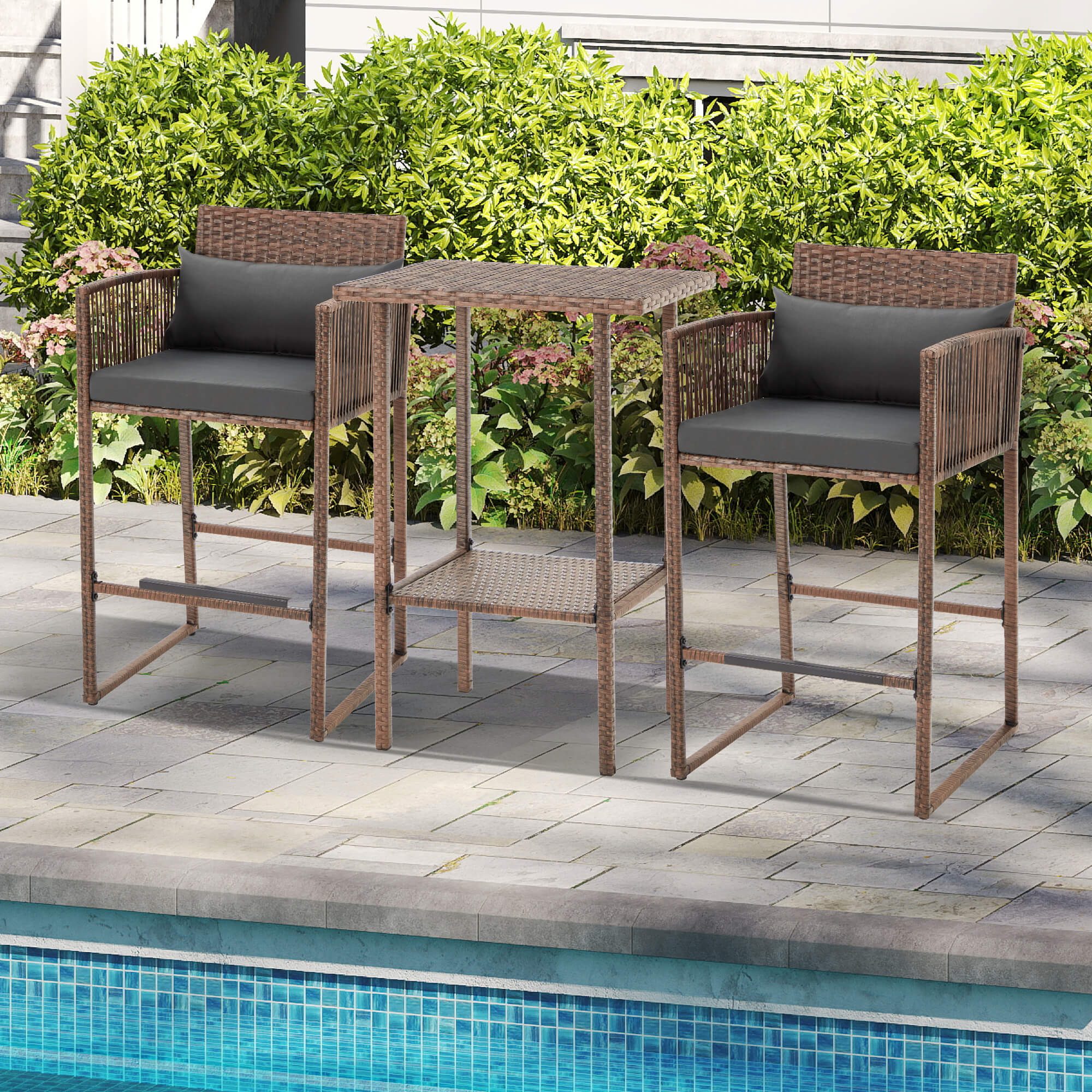 HOMREST 3-Piece Patio Wicker Bar Set, Rattan Bar Table & Stools with Cushion Covers (Blue/Gray)