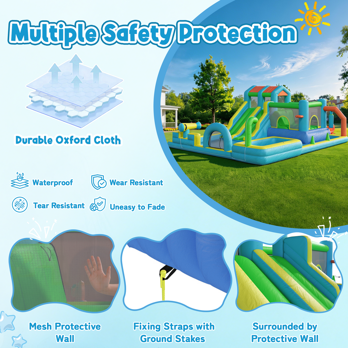 Homrest Inflatable Bounce House, Bouncy House with Double Water Slide, Inflatable Bouncy Castle Water Bounce House with Blower, Climbing Wall, Jumping, Splash Pool for Kids Indoor Outdoor