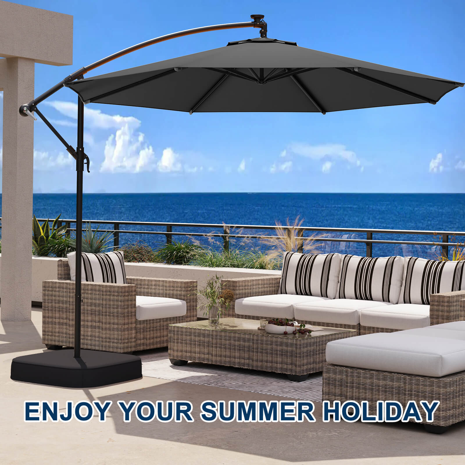 Homrest 10ft Patio Umbrella with Base, Outdoor Offset Cantilever Umbrella, Infinite Tilt, Grey