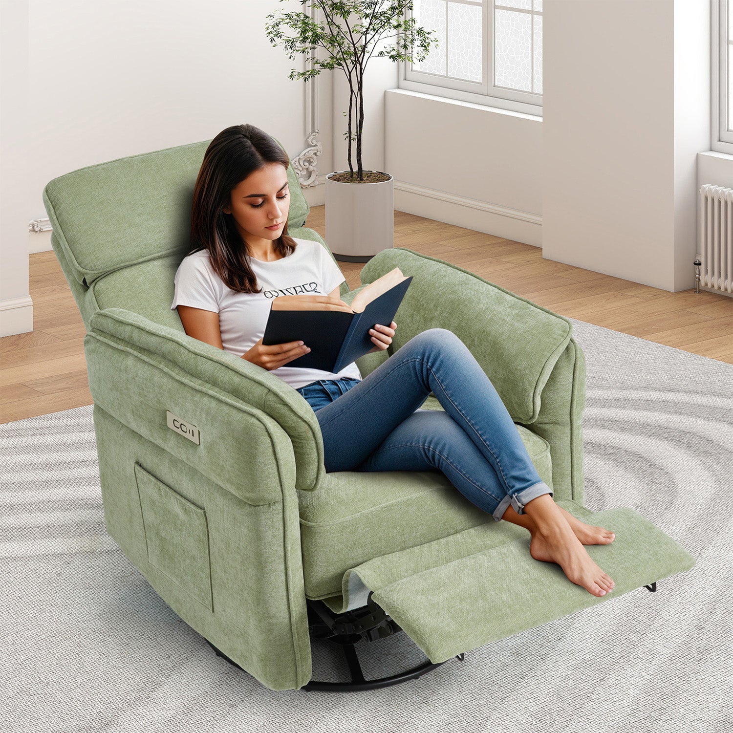 HOMREST Power Swivel Rocking Recliner Chair with Adjustable Headrest and Armrests, Green