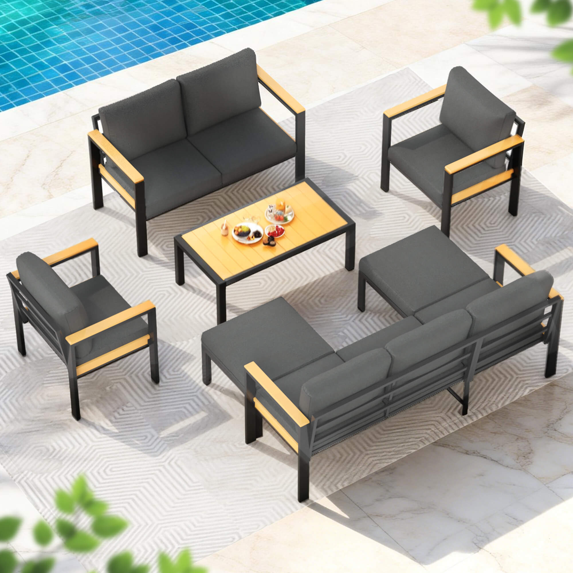 HOMREST 7 Piece Patio Furniture Set, Metal Patio Conversation Set with Coffee Table, All-Weather Outdoor Furniture, Black