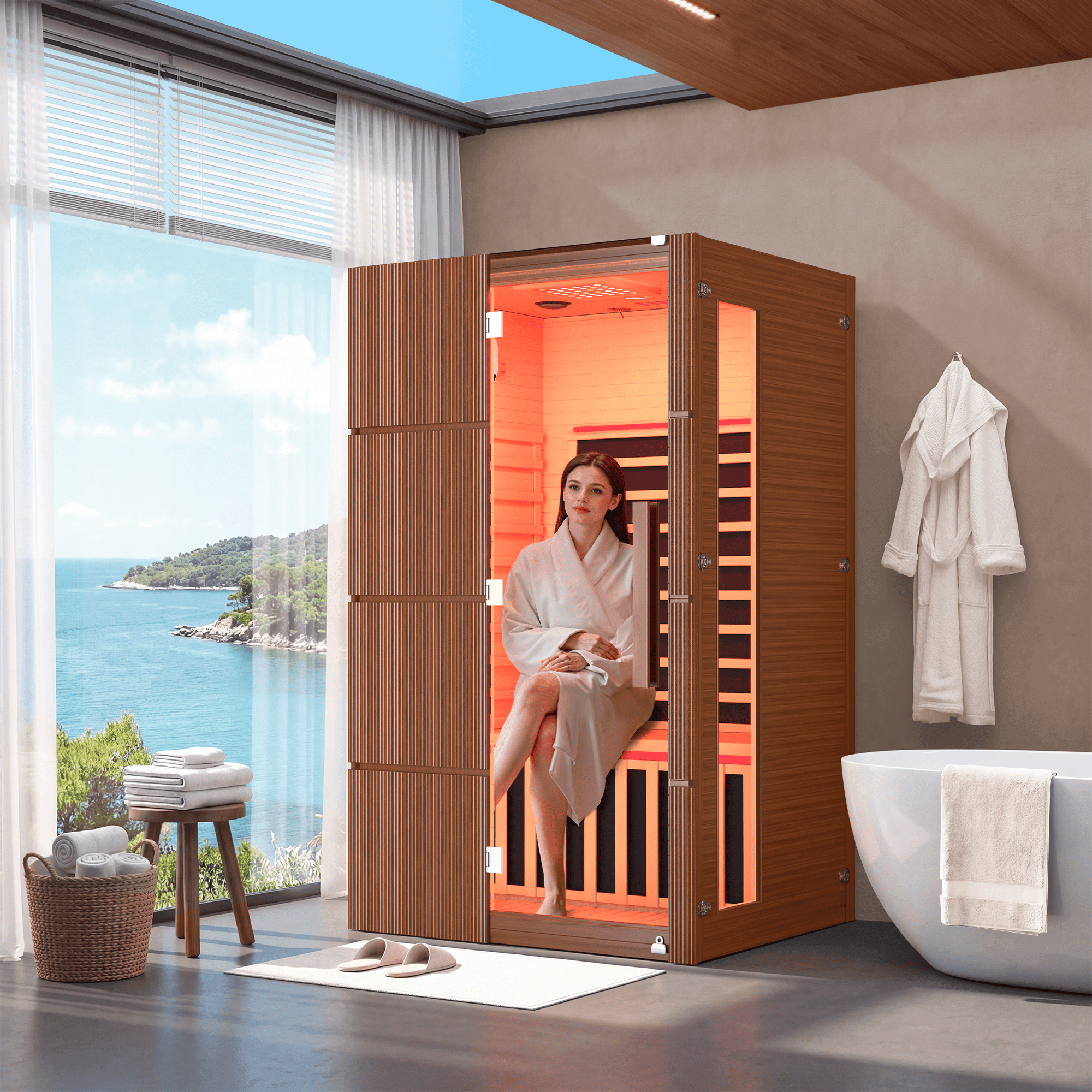 HOMREST 2-Person Indoor Infrared Sauna for Home, Far Infrared Sauna with Red Light Therapy, Chromotherapy Lighting, 6 Carbon Heaters & Bluetooth Speaker, Walnut