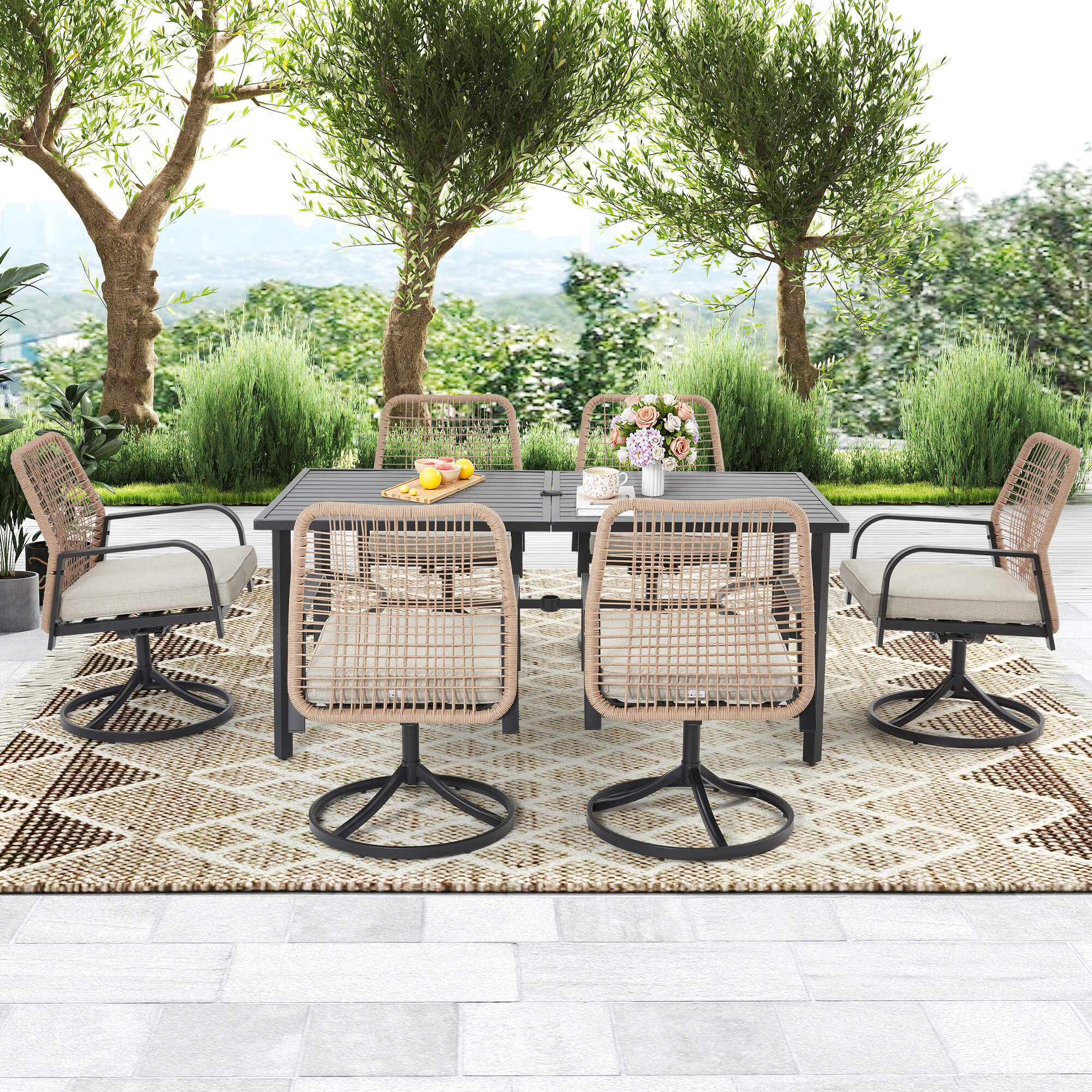 HOMREST 7-Piece Outdoor Dining Set, 6 Swivel Rattan Chairs with Thick Removable Cushions, Rectangular Dining Table with Umbrella Hole