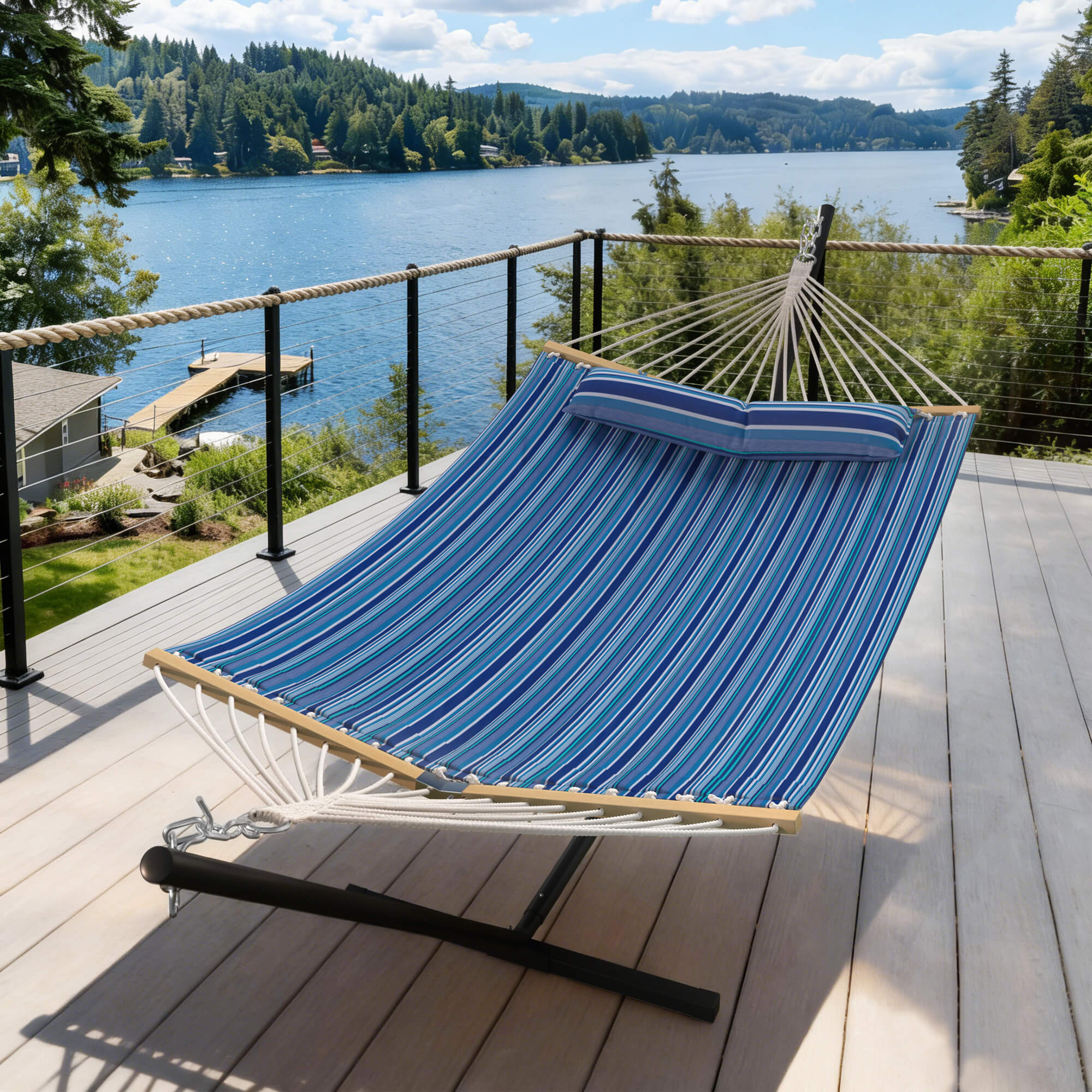 HOMREST Modern Rope Hammock with Stand, Portable Outdoor Hammock for Backyard, Beach & Camping, Blue Stripes