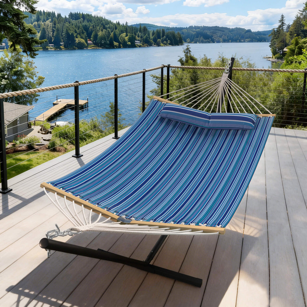 HOMREST Modern Rope Hammock with Stand, Portable Outdoor Hammock for Backyard, Beach & Camping, Blue Stripes