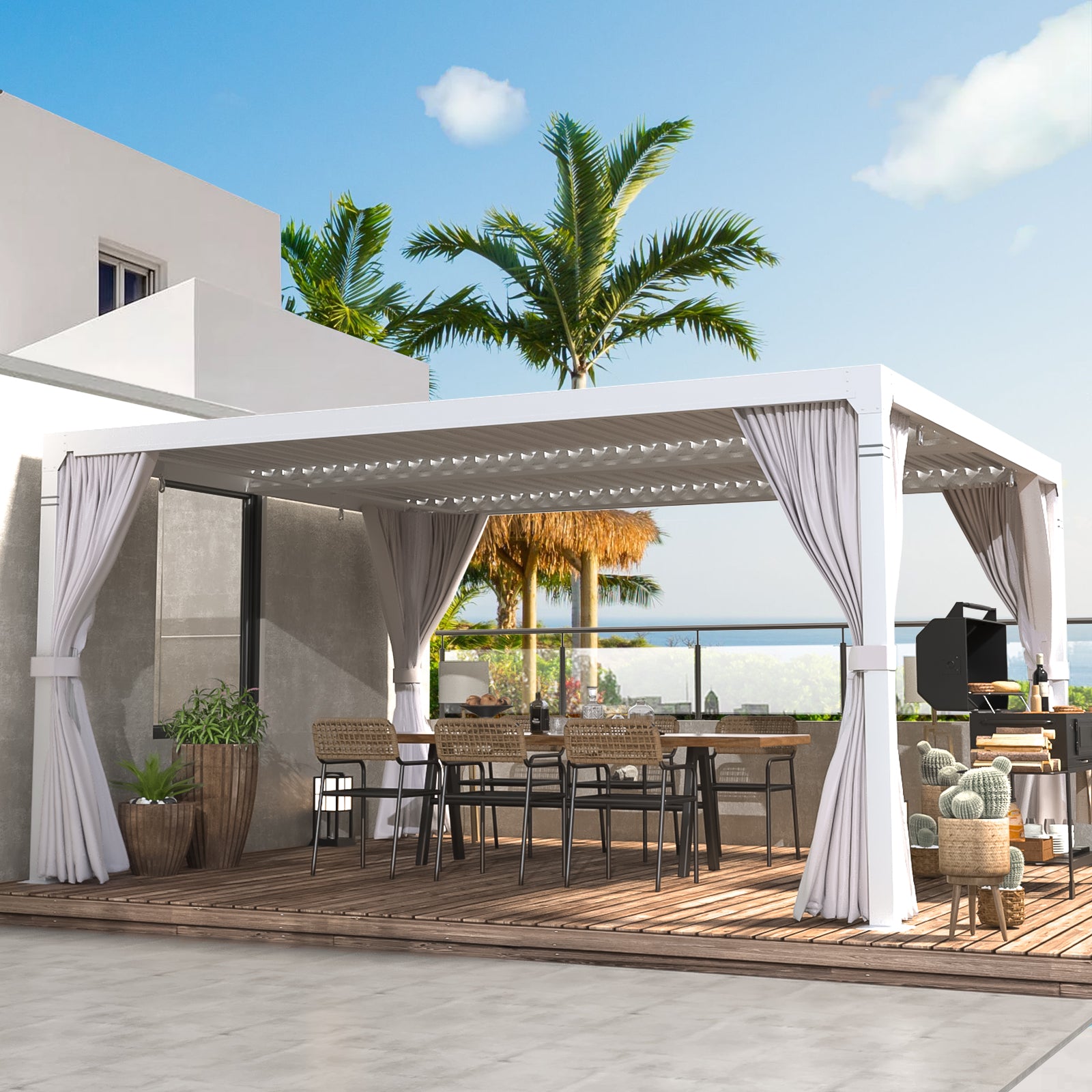HOMREST Louvered Pergola 10x12 Outdoor Hard Top Pergola with Aluminum Frame and Adjustable Metal Rainproof Roof for Garden & Patio, Curtains and Netting Included, White
