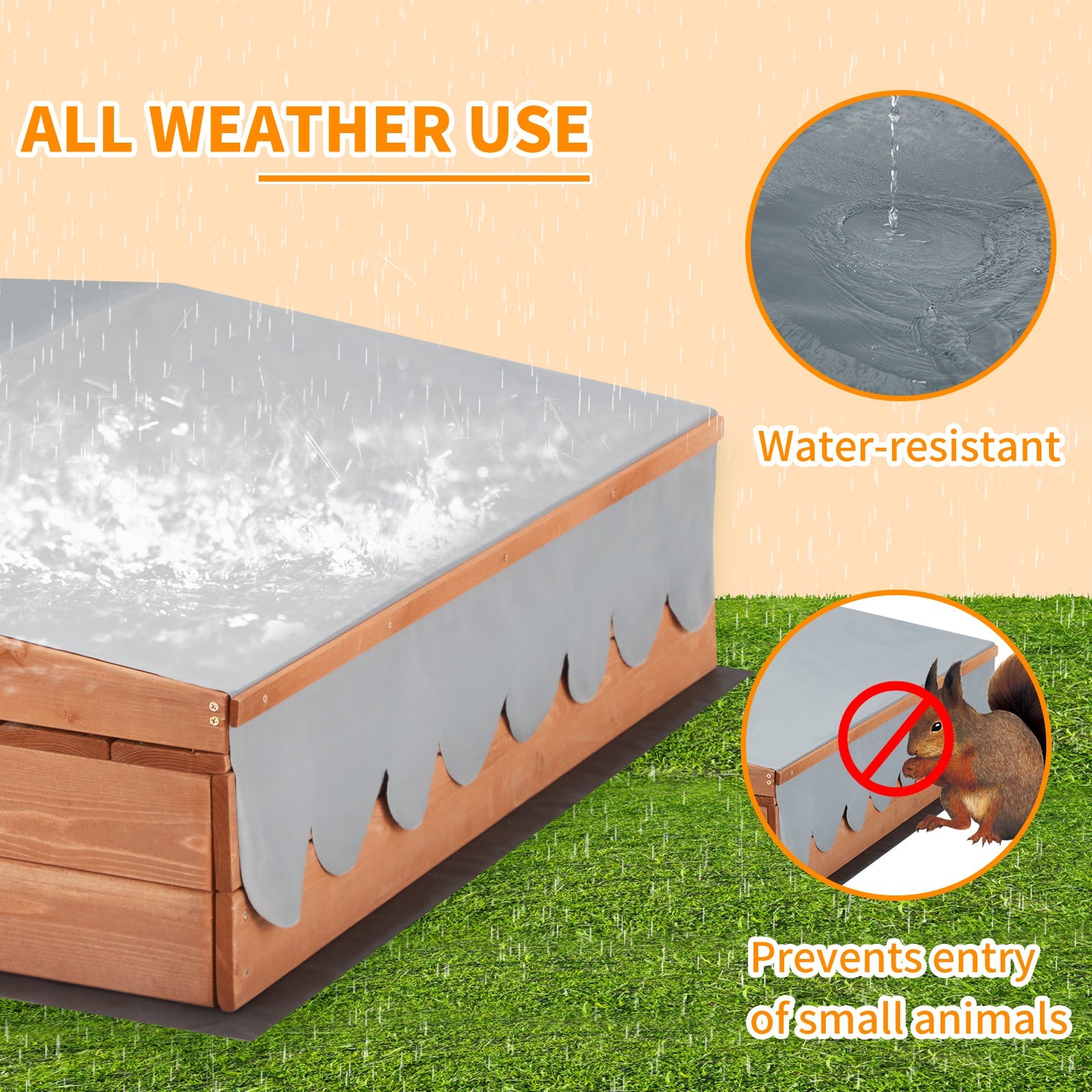 Homrest Kids Sandbox with Cover, Height Adjustable Roof, Foldable Bench Seats for Aged 3-8, Wooden Outdoor Kids Sandbox, Sand Protection Line
