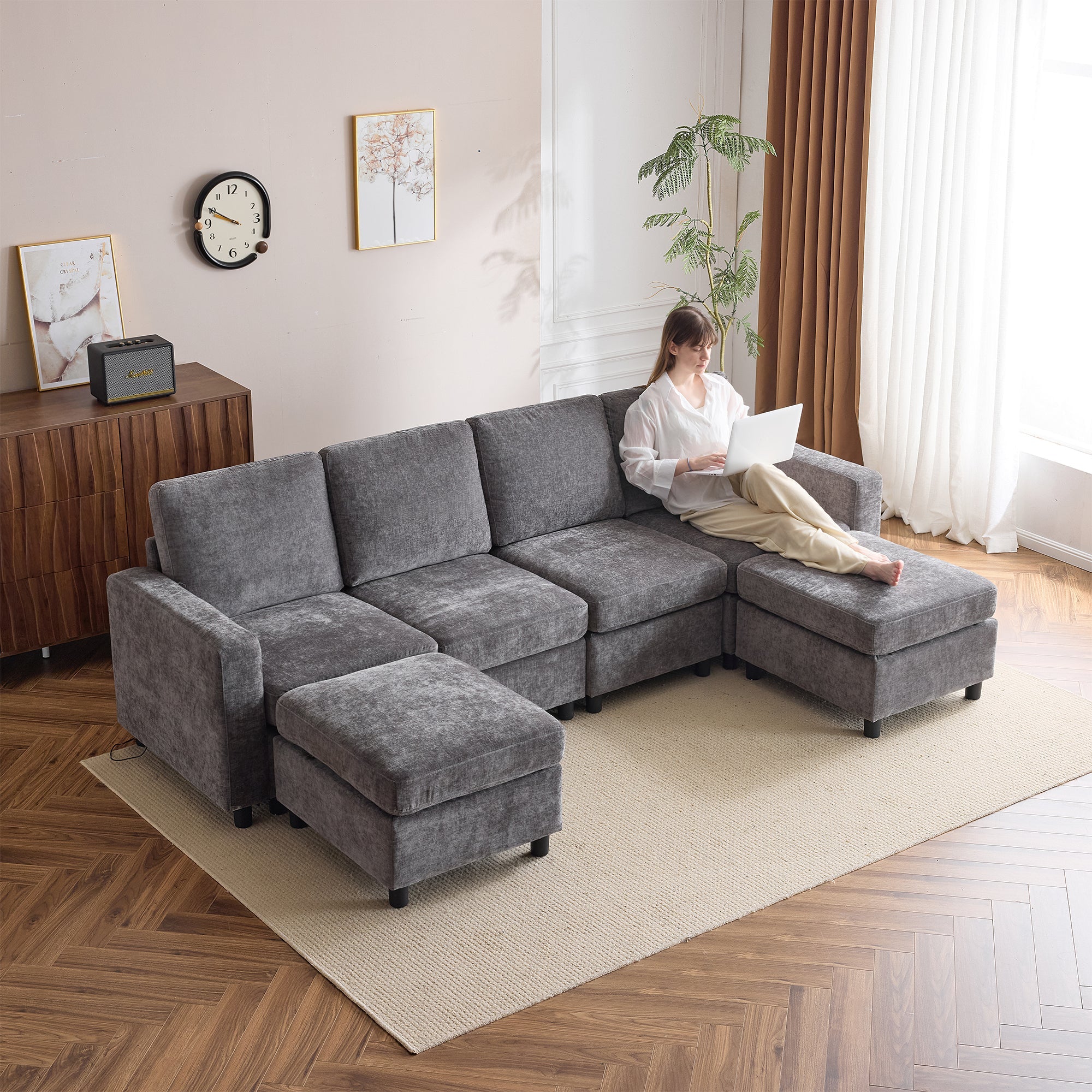 Homrest 6  Piece Modular Sectional Couch with Storage, 4 Single Seats, 2 ottomans, Dark Gray