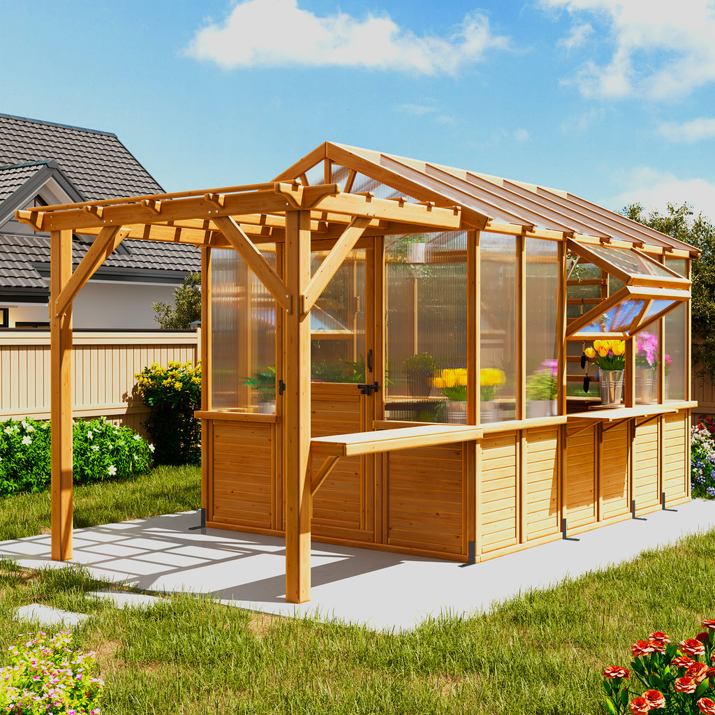 HOMREST 7x16 FT Spruce Wood Greenhouse with Pergola, Large Walk-in Polycarbonate Greenhouse Kit with Top-Hung Windows, Built-in Workstation and Staging Shelves for Backyard Garden
