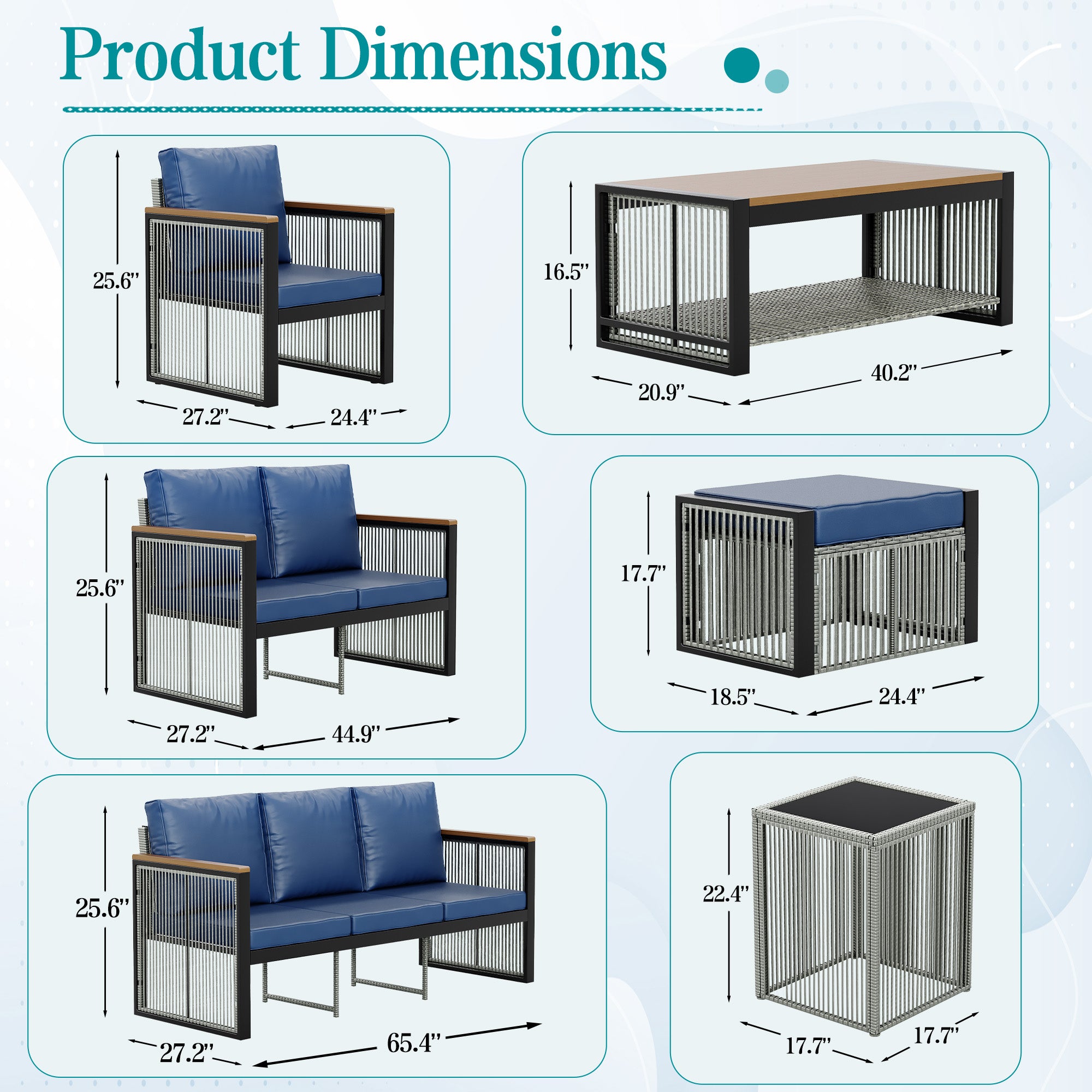 HOMREST 5 Pieces Outdoor Metal Furniture Set with Coffee Table & Side Table, Blue