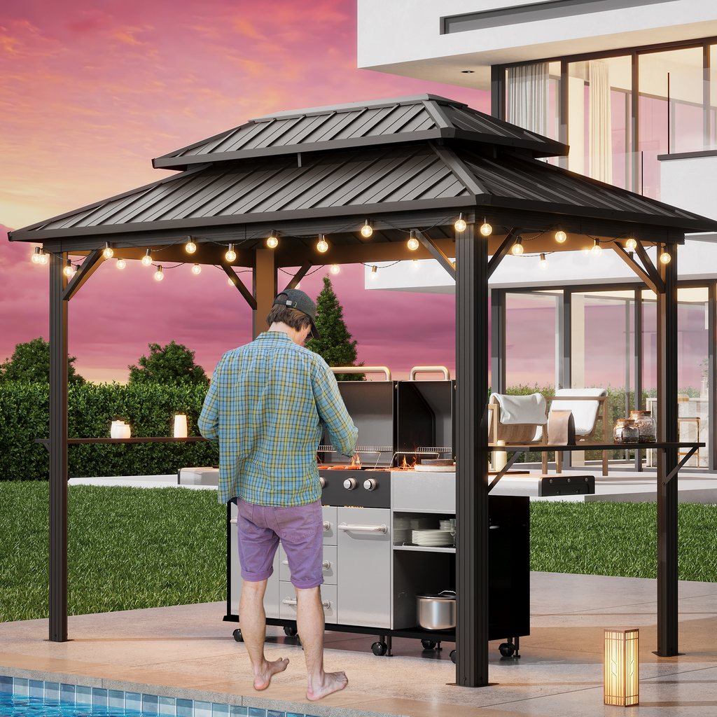 HOMREST 10' x 6' Hardtop Grill Gazebo, Outdoor BBQ Gazebo with 2 Side Shelves and Bottle Opener, All-weather Grill Gazebo with Galvanized Steel Double Roof for Patio, Lawn, Backyard, Brown