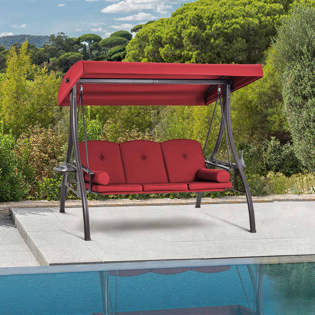 3-Seat outdoor patio swing with adjustable canopy and backrest, wine red | Homrest furniture