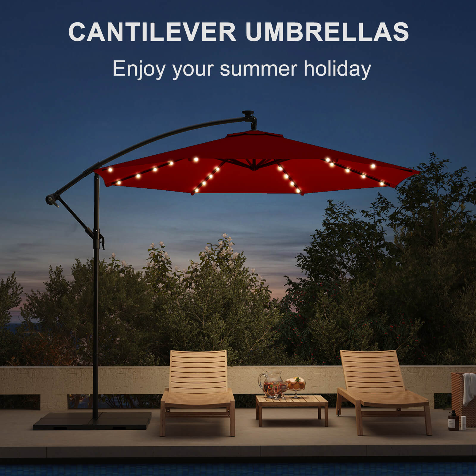 Homrest 10ft Solar Lighted Patio Umbrella, Infinite Tilt, Crank and Cross Base, Burgundy