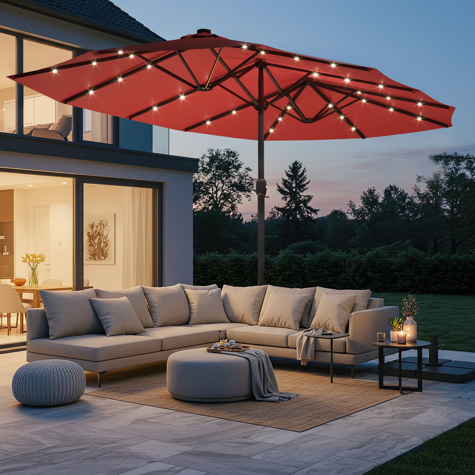 HOMREST 15ft Large Double-Sided Patio Umbrella with Solar LED Lights, Outdoor Crank System, and Base – Perfect for Garden, Deck, Poolside, Red