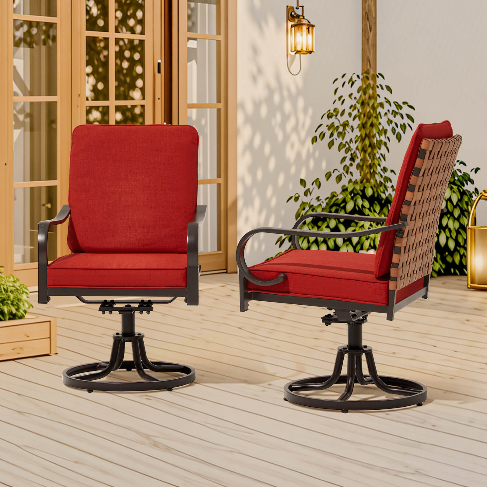 HOMREST Swivel Patio Chairs Set of 2 with Thickened Cushions, Red