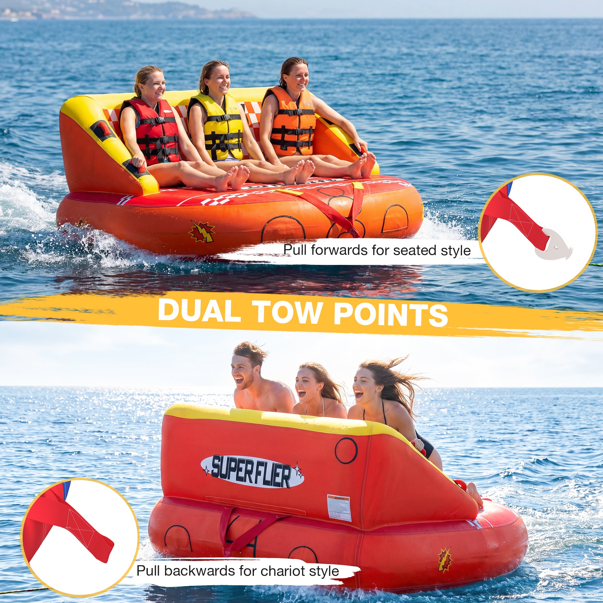 HOMREST 3-Person Towable Tubes for Boating, Front/Back Tow Points Sofa Couch Style Boat Tubes