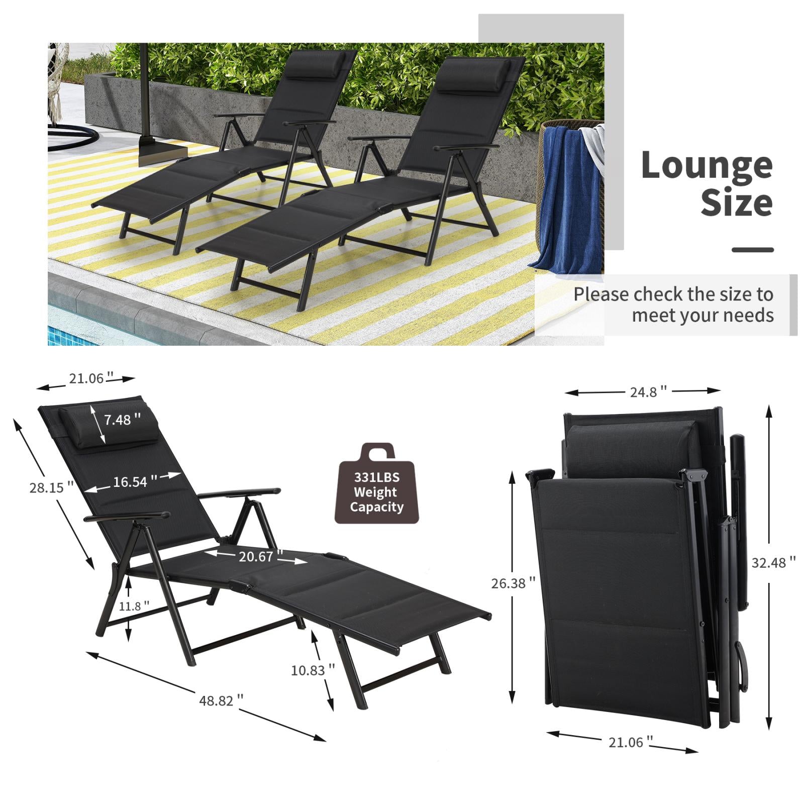 Outdoor Folding Lounge Chair with 7-Position Adjustable Backrest for Poolside, Black