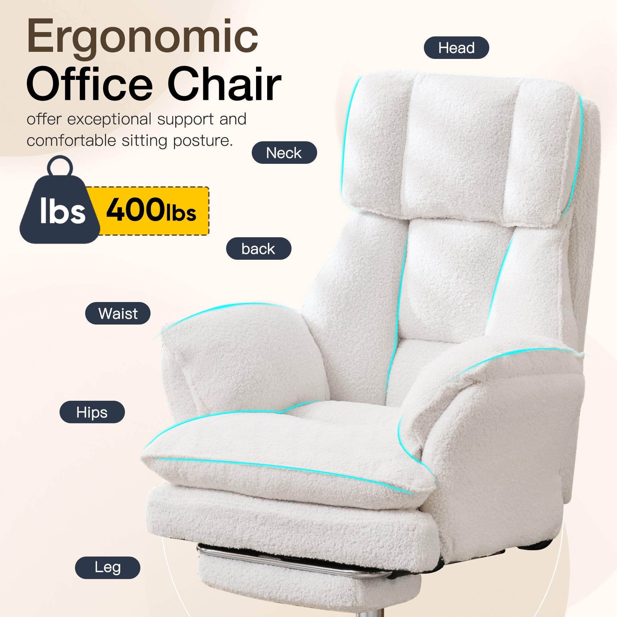 HOMREST Cloud Cross Legged Office Chair with Footrest,Leather Big and Tall Executive Ergonomic Chair,155° Reclining Computer Wide Desk Chair, White