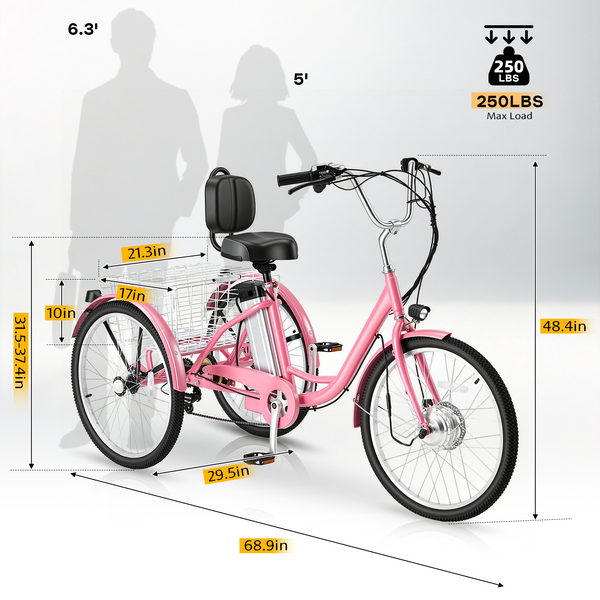 HOMREST Electric Trike for Adults,Peak 500W Brushless Motor, E-Trike with 24