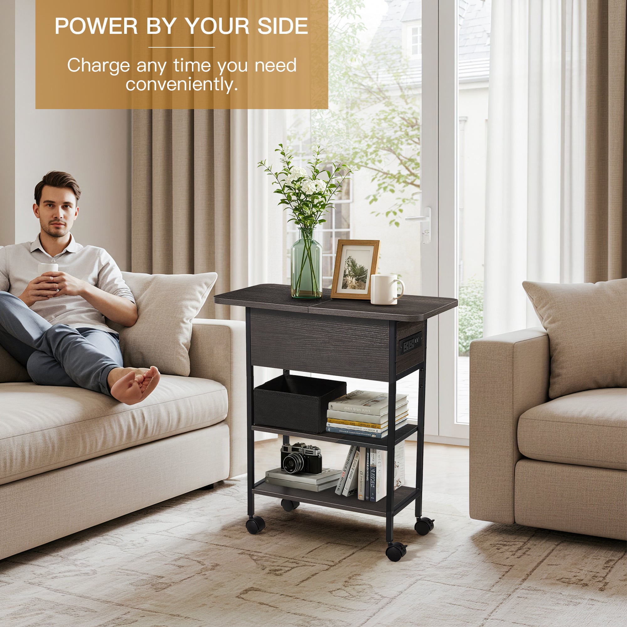 HOMREST Multi-Functional Flip Side Table, 360° Swivel Wheels & Storage Shelf for Living Room/Bedroom, Rustic Brown Wood End Table, Gray