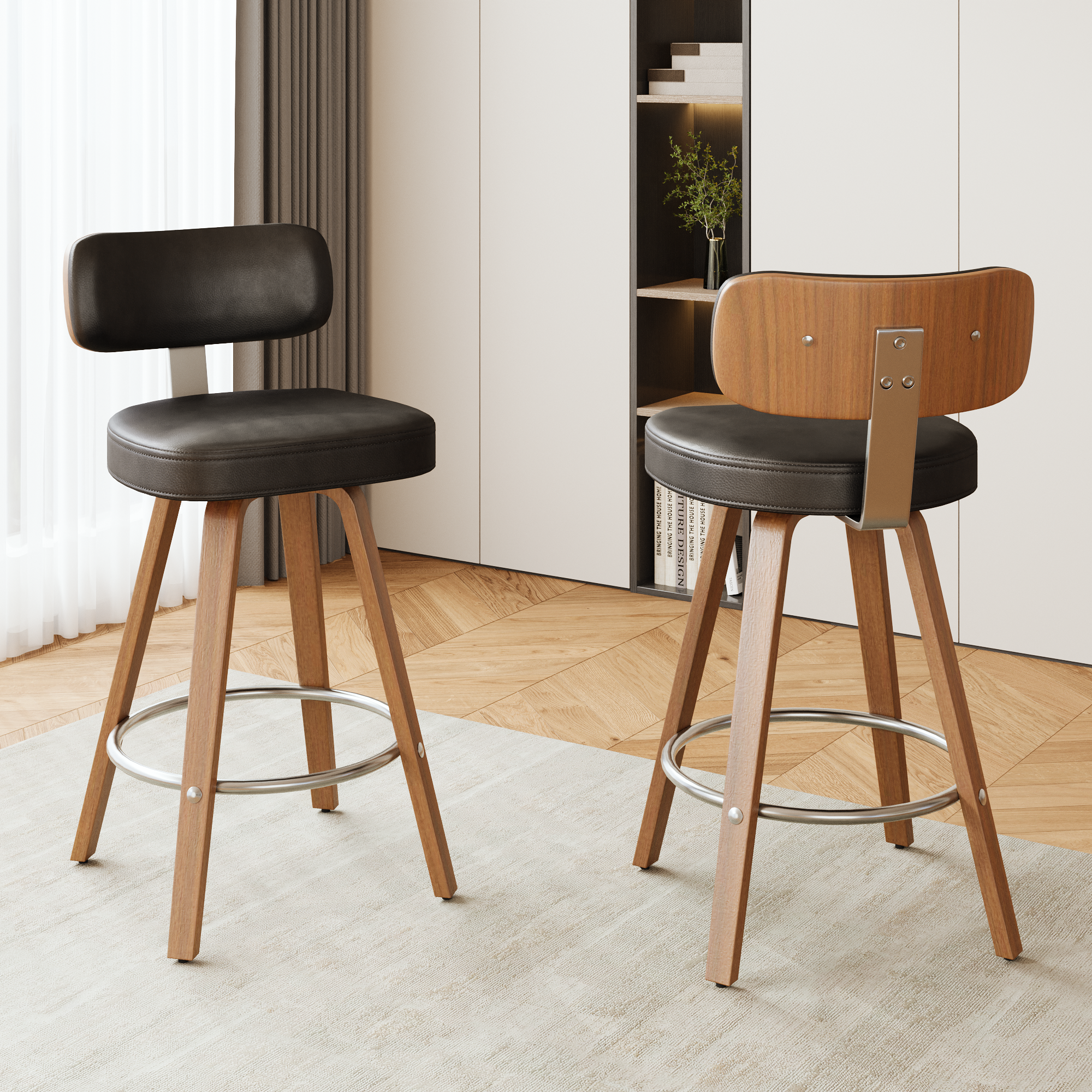 HOMREST Swivel Upholstered Counter & Bar Stool With Curved Back, Mid Century Modern Bar Chair With Solid Wood Frame And Metal Footrest (set Of 2), Black