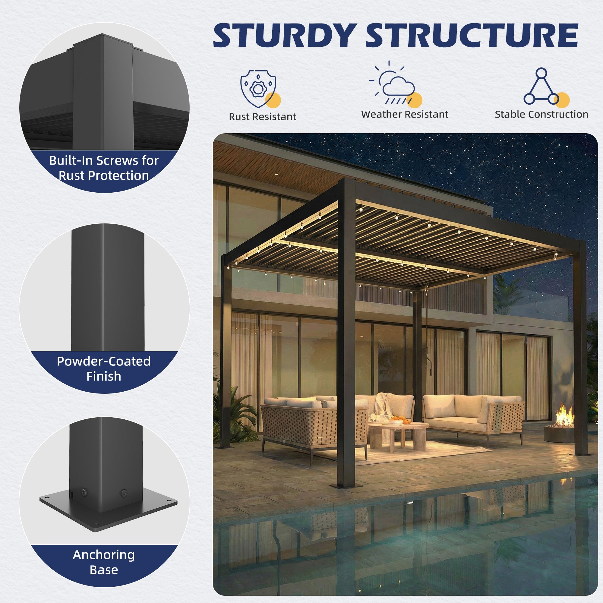 HOMREST 10' x 10' Outdoor Pergola with Adjustable Louvered Roof & Integrated Drainage, Heavy-Duty Metal Louvered Pergola for Patios, Black