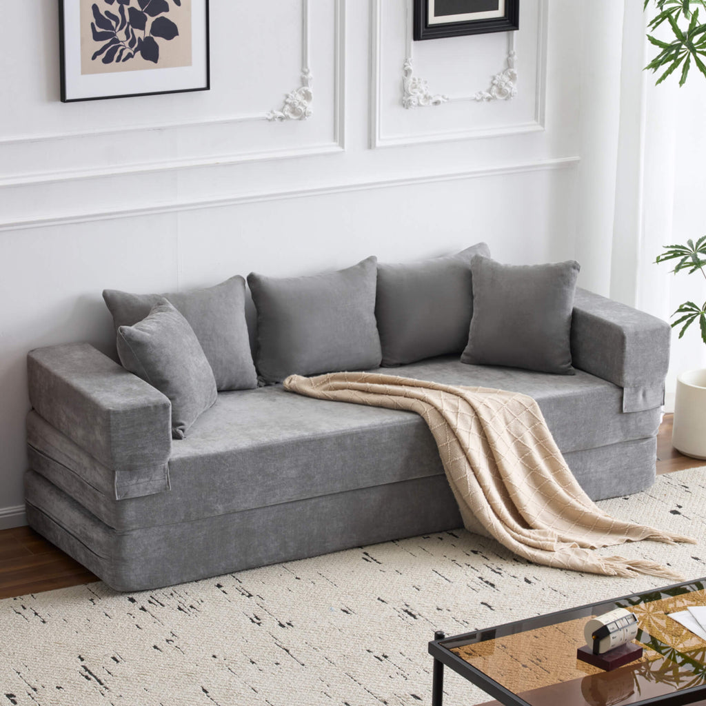 HOMREST 4-in-1 Folding Sofa Bed Queen, Chenille Sleeper Couch with Armrest & Pillows, Gray