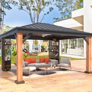 Homrest 12' x 14' Hardtop Gazebo, Galvanized Steel Top with Wood Grain Aluminum Frame, Permanent Metal Pavilion with Three-Layer Storage Shelvess