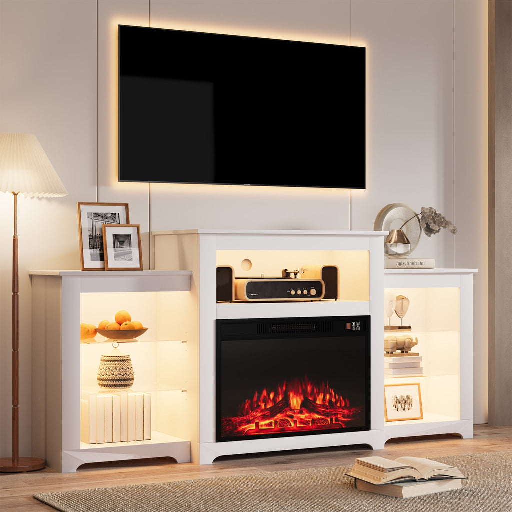 HOMREST Modern 70" Electric Fireplace TV Stand with 16 Color Light Strip, White