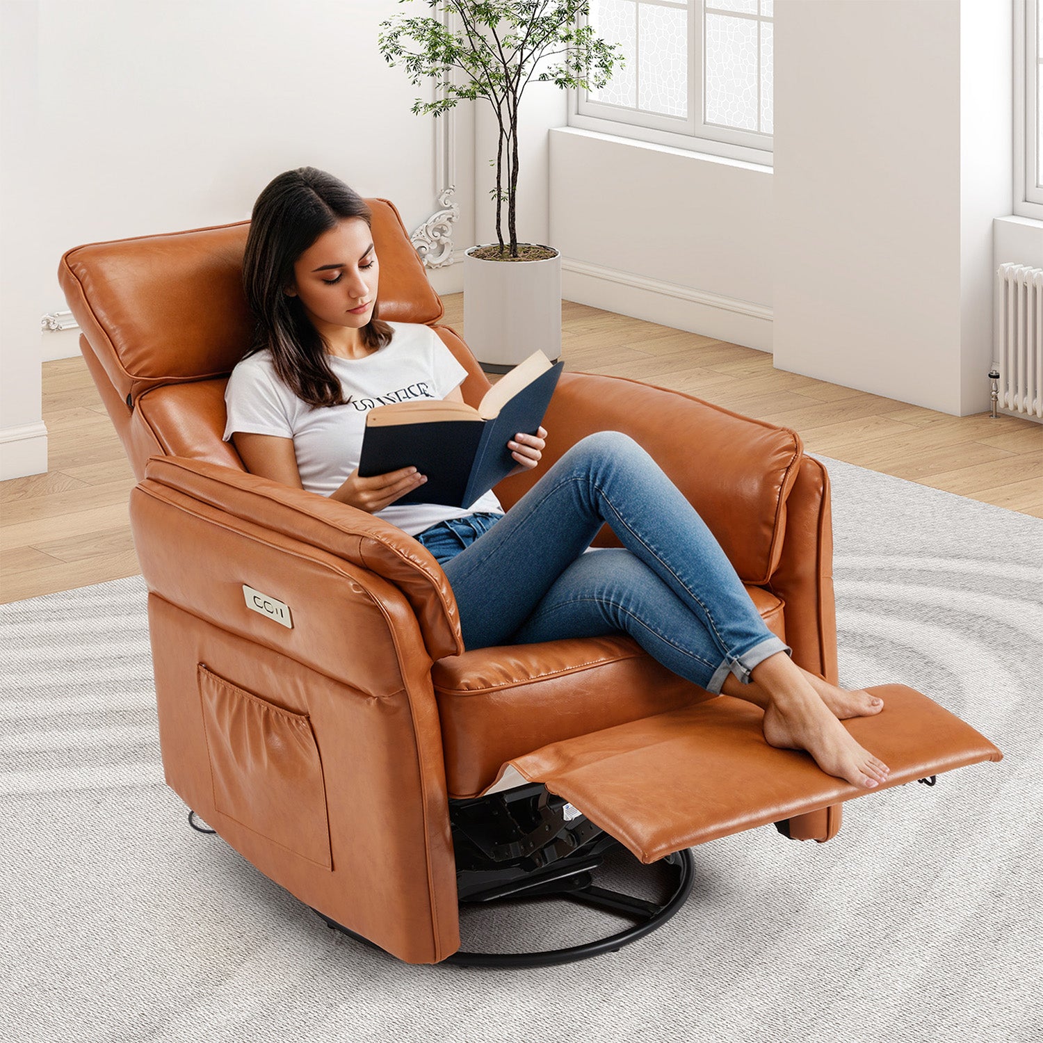 HOMREST Power Swivel Rocking Recliner Chair with Adjustable Headrest and Armrests, Brown