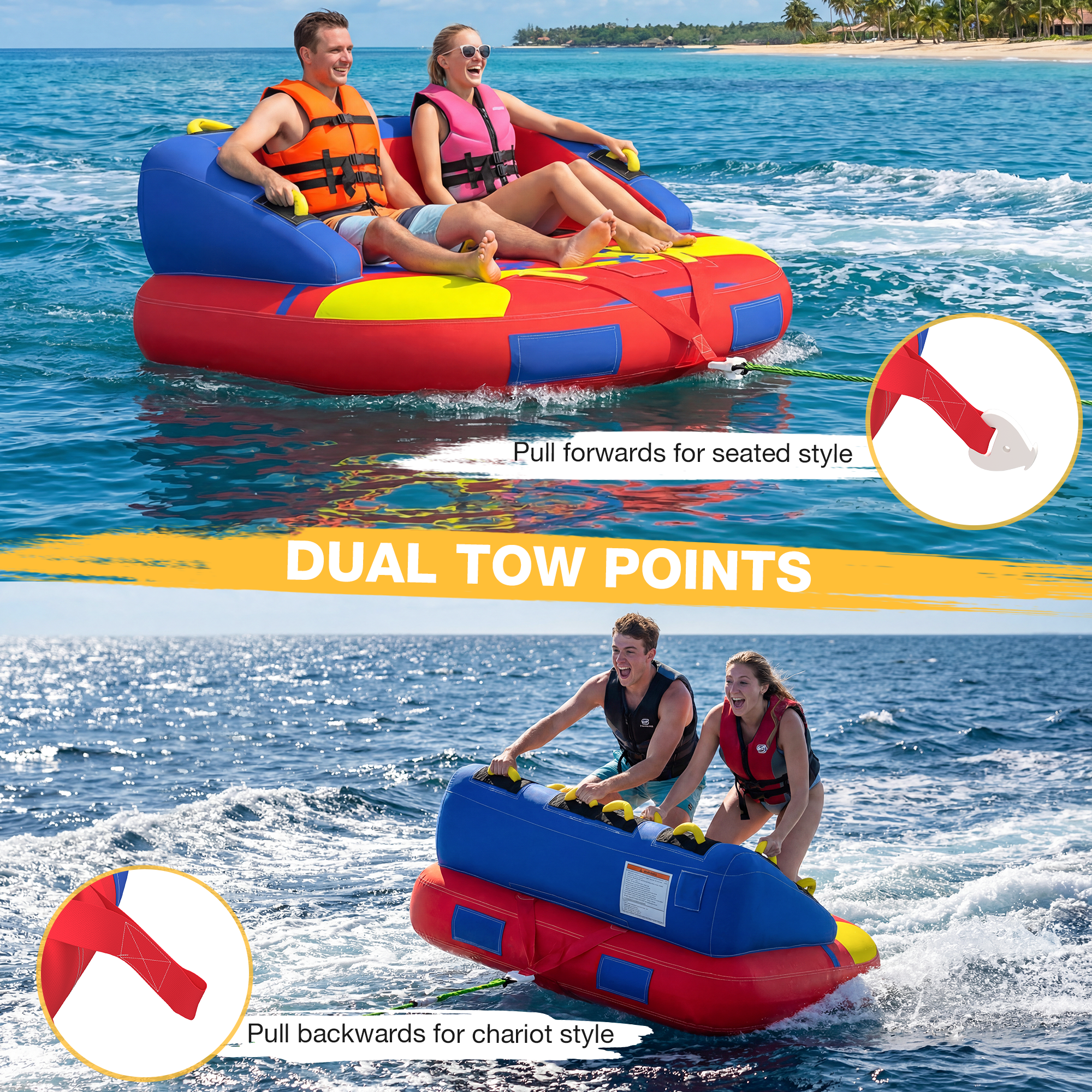 HOMREST 2-Person Towable Tubes for Boating with Towable Rope, Couch Reversible Boat Tube, Padded Bolster Guard Handles & Quick-Connect Tow Point