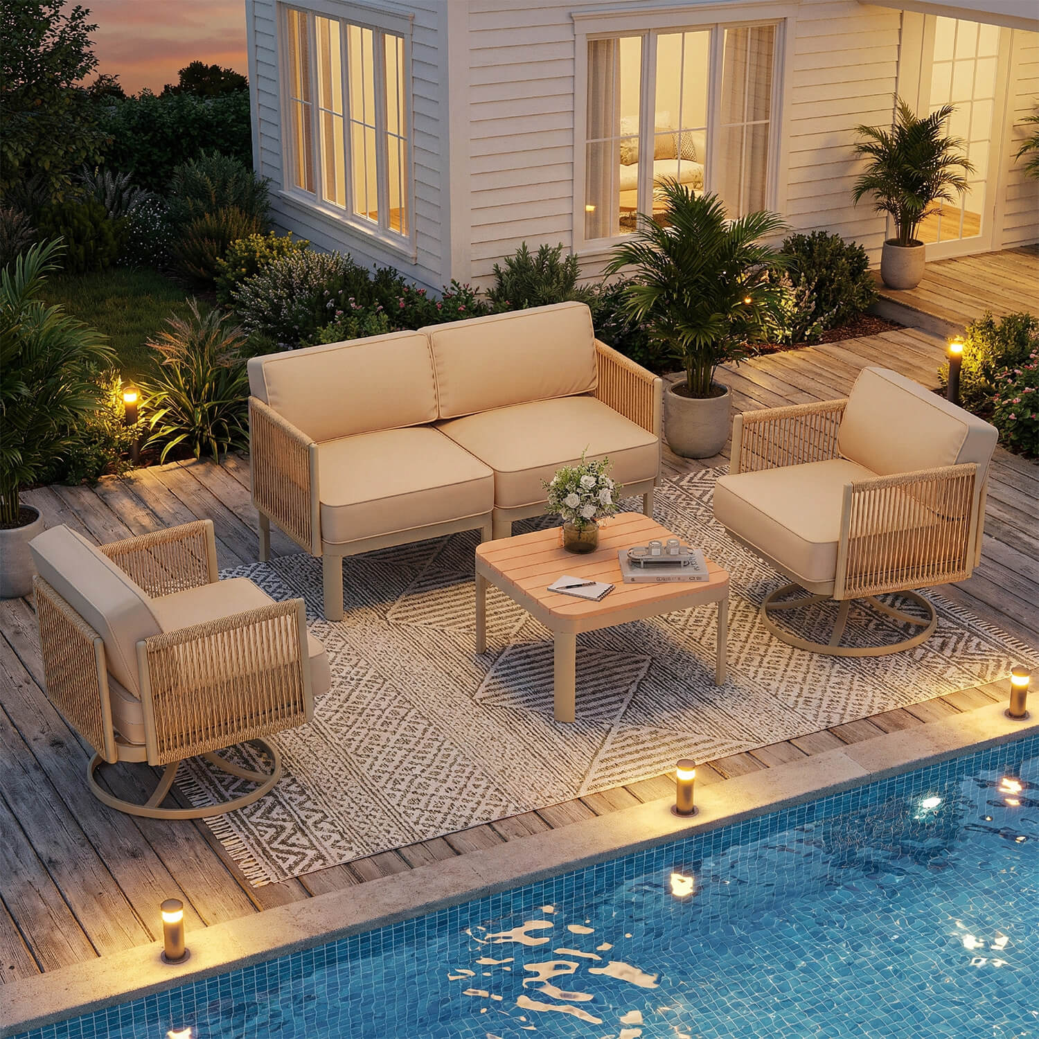HOMREST 4 Piece Patio Furniture Set,Swivel Glider Rocking Chairs with 6" Thick Cushions, Loveseat & Coffee Table, Beige