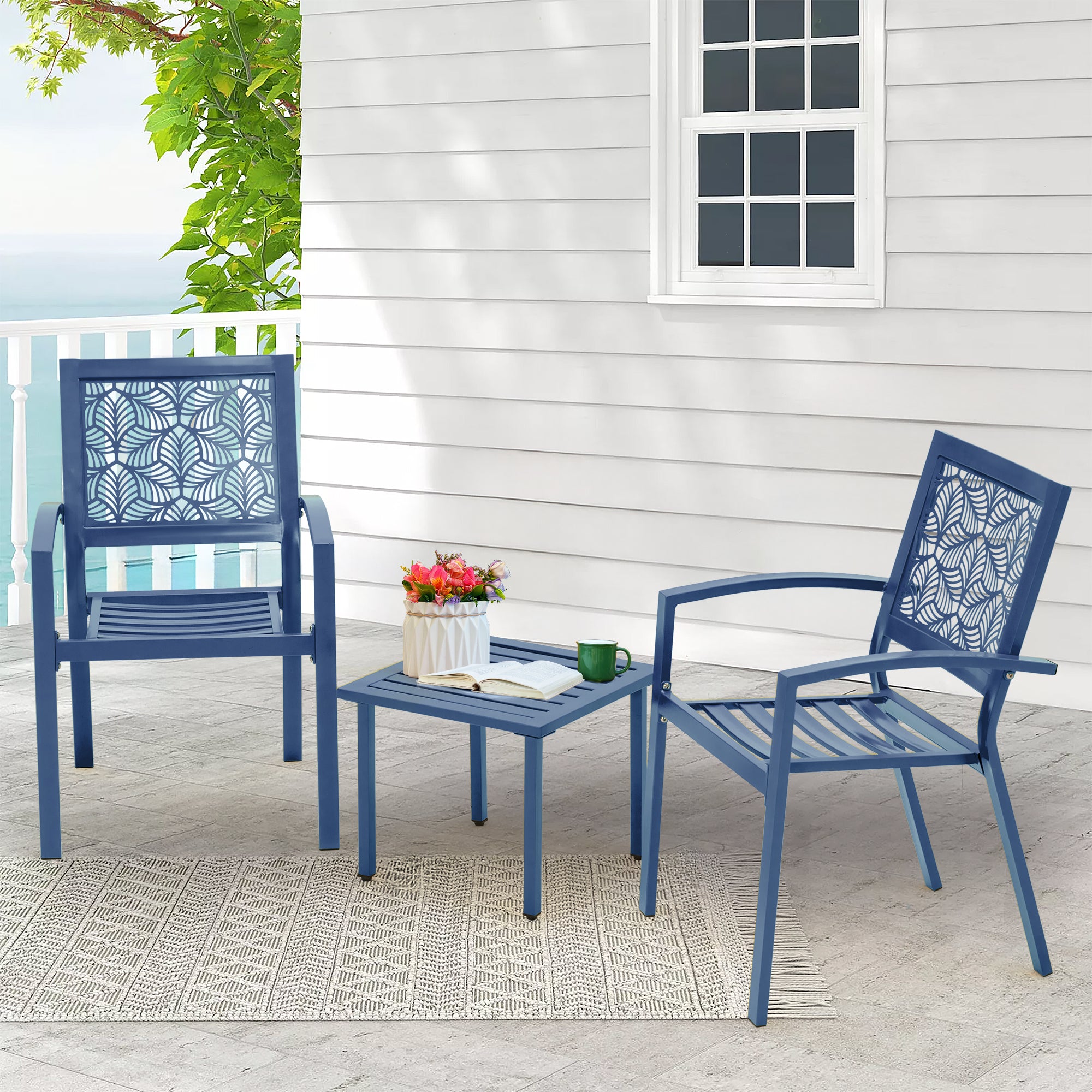 HOMREST 3-Piece Outdoor Bistro Set – Metal Chairs & Table, Floral Back Design, Peacock Blue