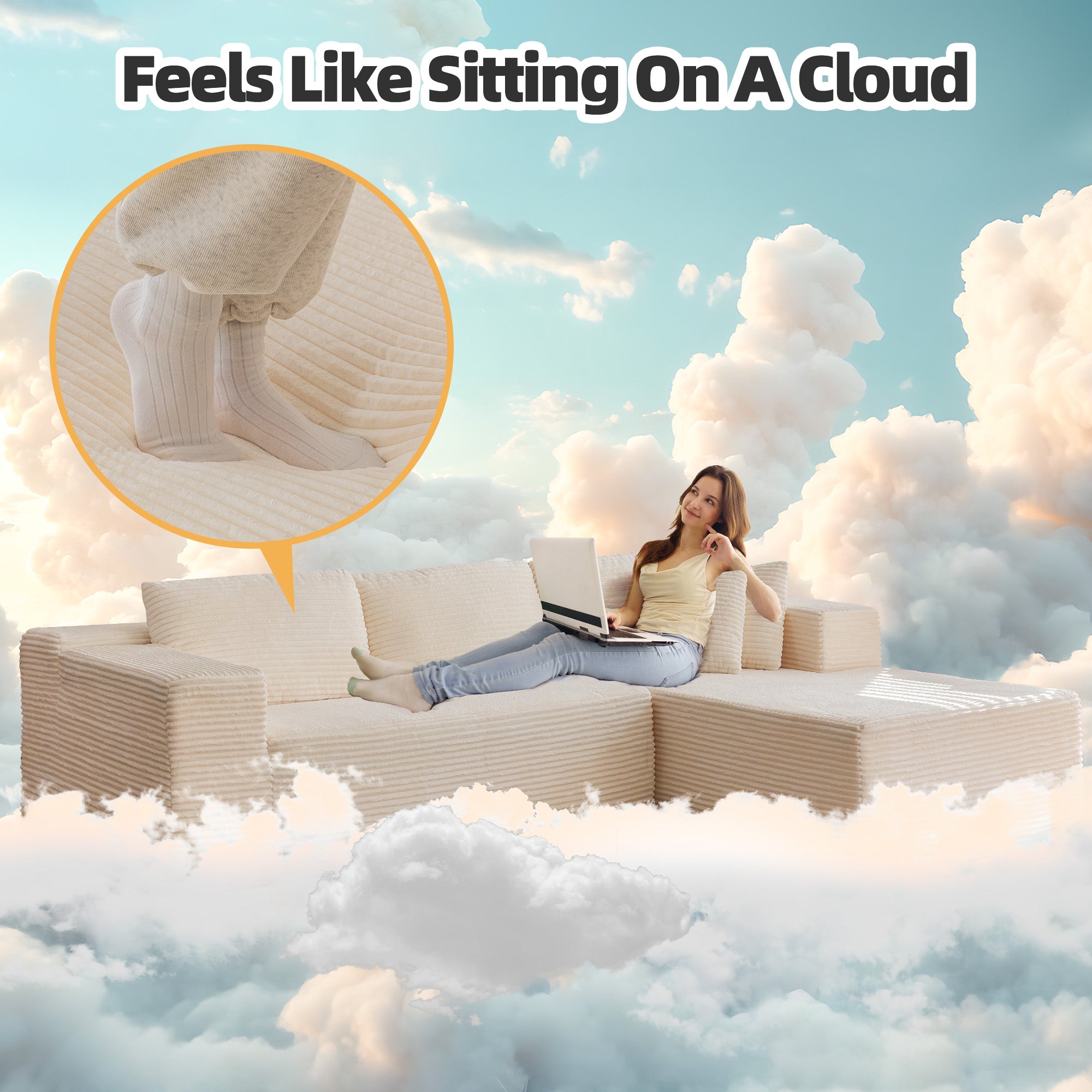 HOMREST 106 inch Cloud Sectional Couch with Chaise Lounge for Living Room, Corduroy Fabric, Beige