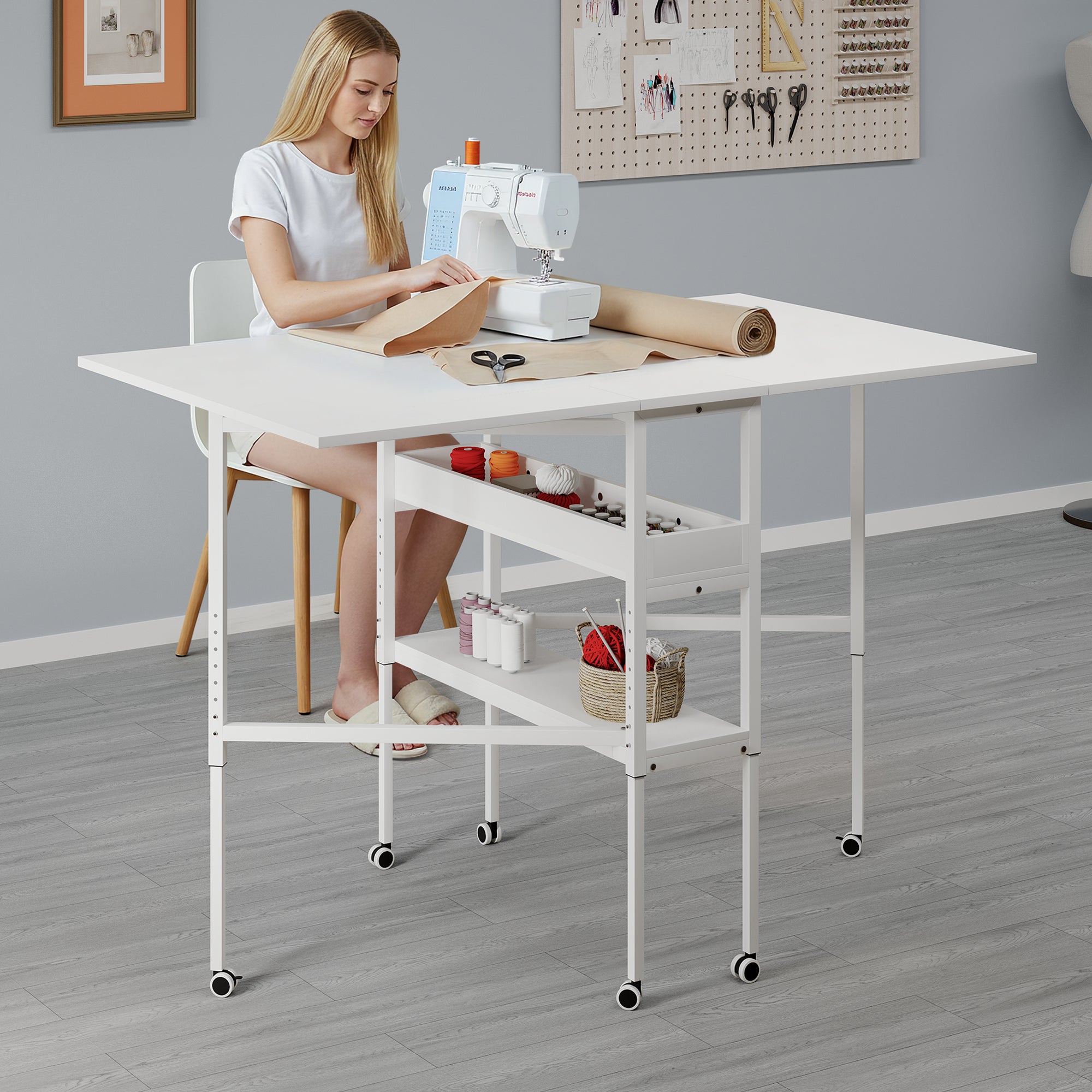 HOMREST Folding Sewing Table, Height Adjustable Fabric Cutting Table with Storage Shelves ＆ Lockable Casters, Portable Craft Station Desk for Home Apartment (57.5" W x 35.5" D x 33-39.75" H)