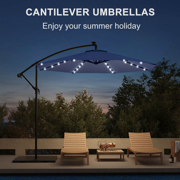 Homrest 10ft Solar Lighted Patio Umbrella, Infinite Tilt, Crank and Cross Base, Navy Blue