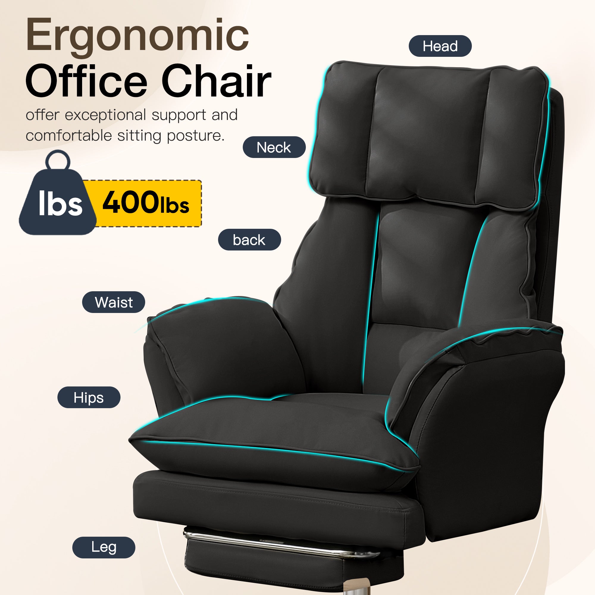 HOMREST Cloud Cross Legged Office Chair with Footrest,Leather Big and Tall Executive Ergonomic Chair,155° Reclining Computer Wide Desk Chair, Black