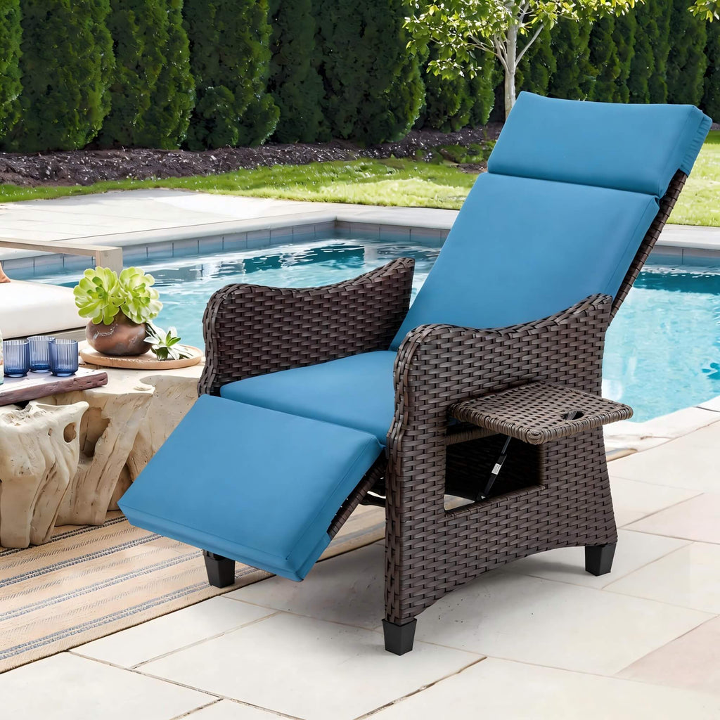Homrest Outdoor Recliner Chair with Flip-up Table & Removable Cushion for Patio Deck Backyard, Blue