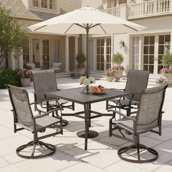 HOMREST 5-Piece Patio Furniture Set Outdoor Dining Table & Chairs with Umbrella Hole, 360° Swivel Rocking Chair, Gray