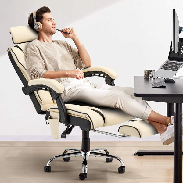 Homrest  6 Piece Set Office Chair with 6-Point Massage and Adjustable Footrest, Ergonomic Gaming Chair White