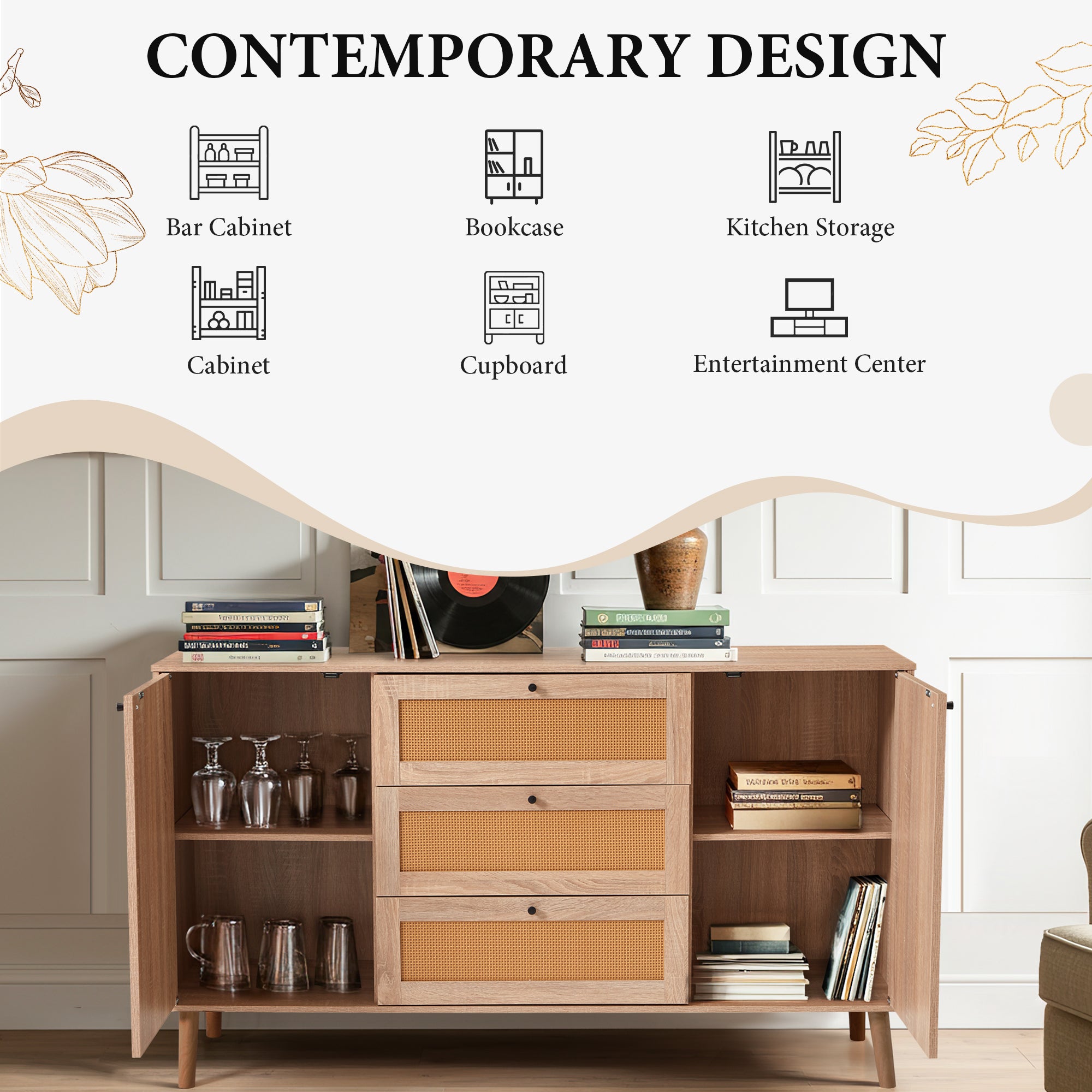 HOMREST Solid Wood Sideboard Buffet Cabinet, Mid-Century Credenza for Living Room, Entryway, Light wood