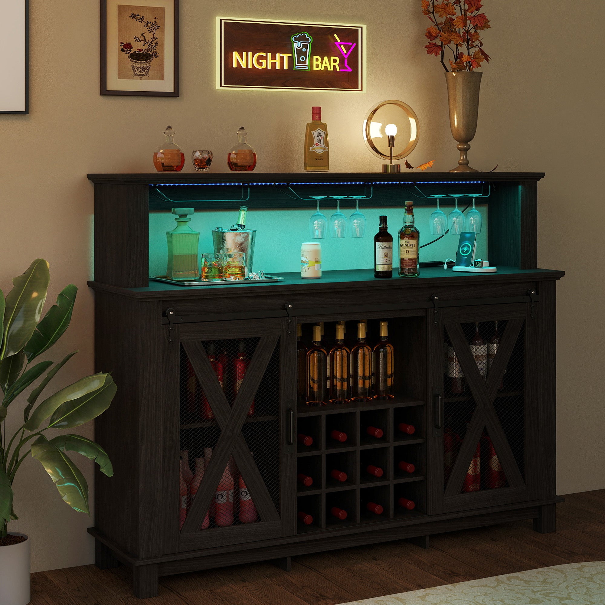 HOMREST 55" Farmhouse Bar Cabinet, Wine Coffee Bar Cabinet With Led Lights And Sliding Barn Door, Home Bar With Wine Racks And Glass Holder,  Black
