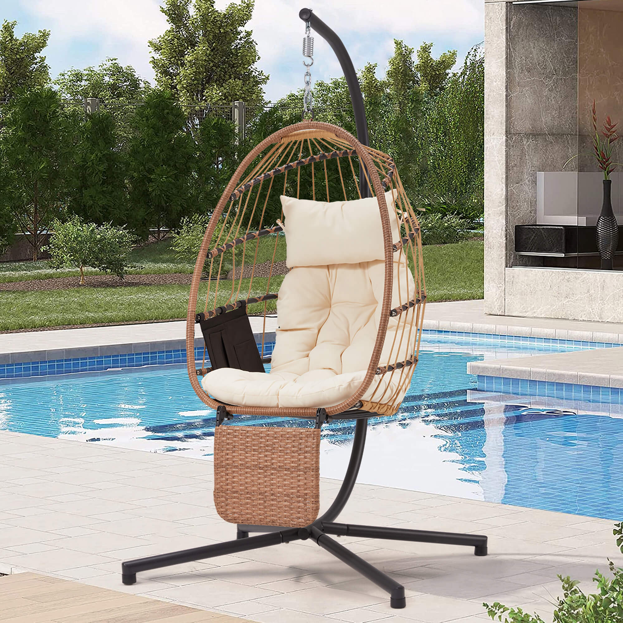 HOMREST Hanging Egg Chair with Stand & Removable Leg Rest, Hammock Chair for Patio, Bedroom, Beige/Natural