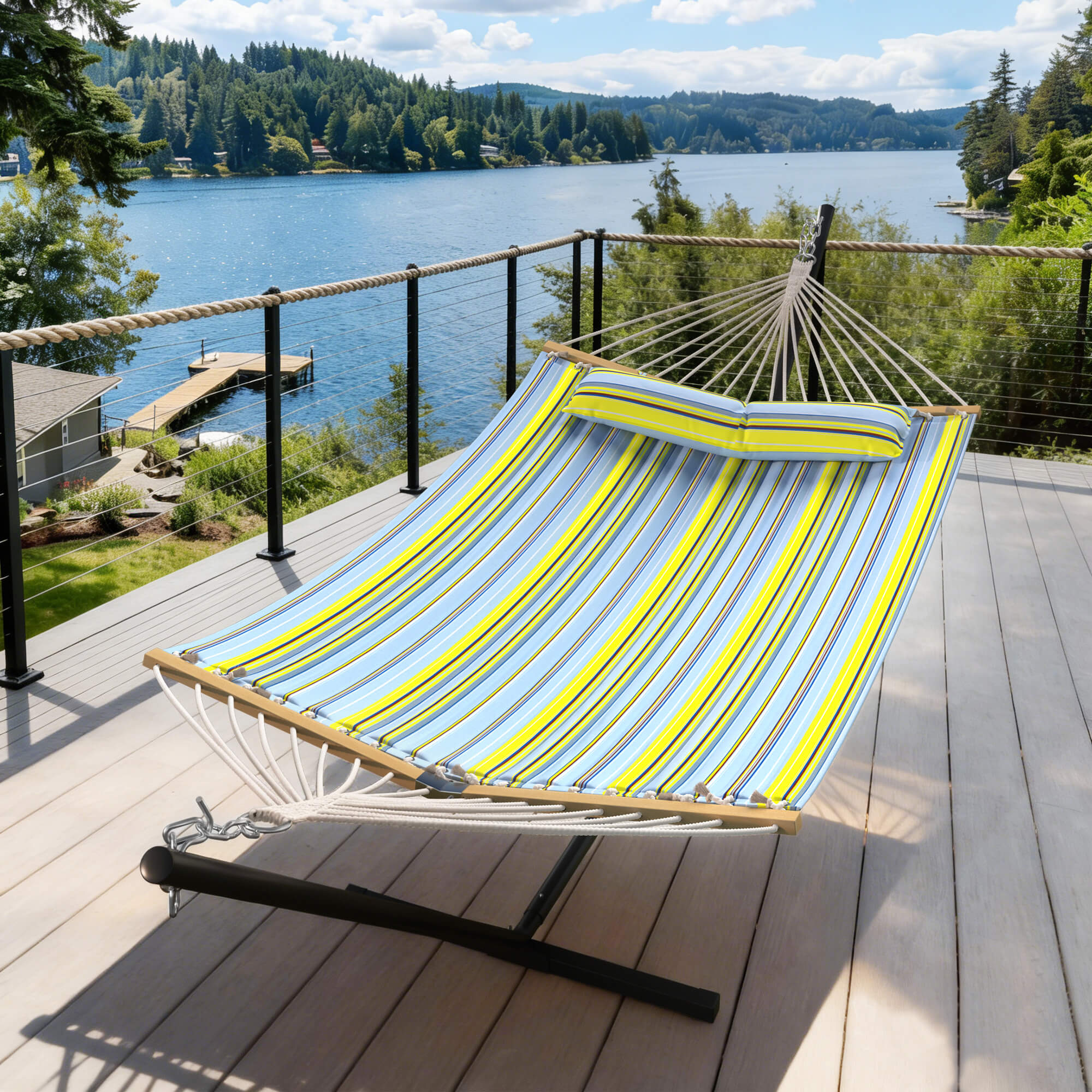 HOMREST Modern Rope Hammock with Stand, Portable Outdoor Hammock for Backyard, Beach & Camping, Green Stripes