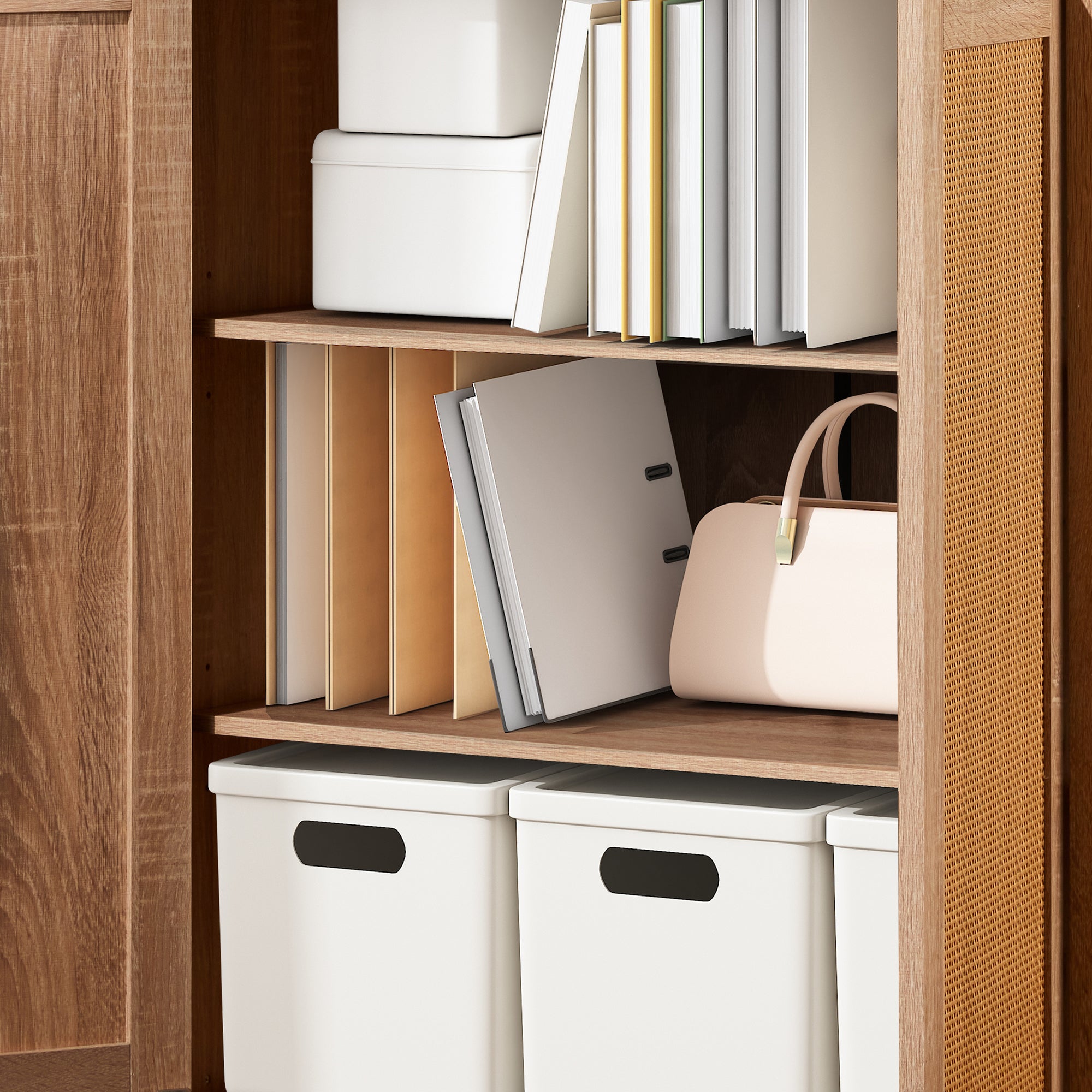 HOMREST Rattan Bookcase with cabinet, Heavy Duty Freestanding Bookcase With Storage Open Display, Beige